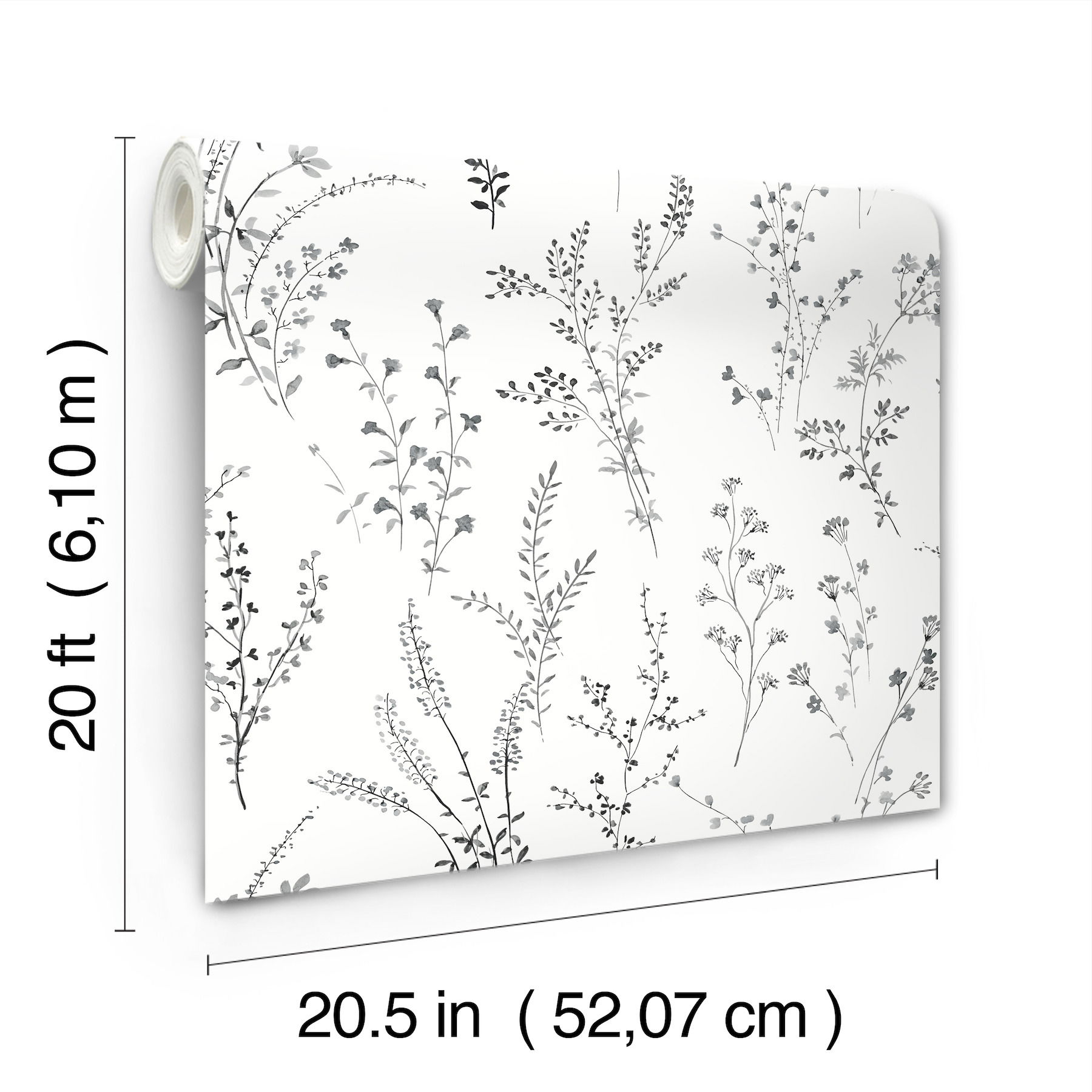 Wildflower Sprigs Black & White Peel & Stick Wallpaper large image 