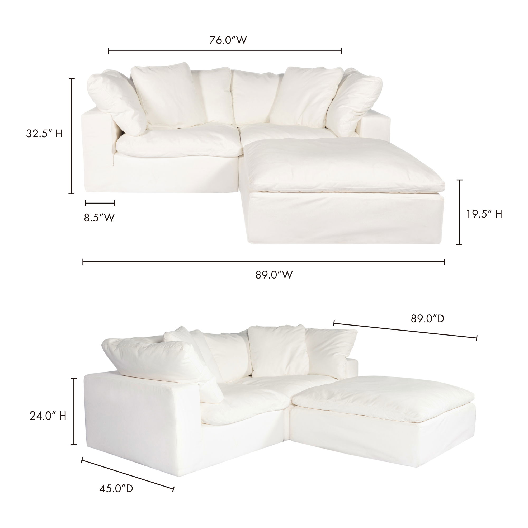 Clay Nook Modular Sectional Cream White, Sectional Sofa by Moe's Home, 89" width x 32.5" height x 89" depth View 3