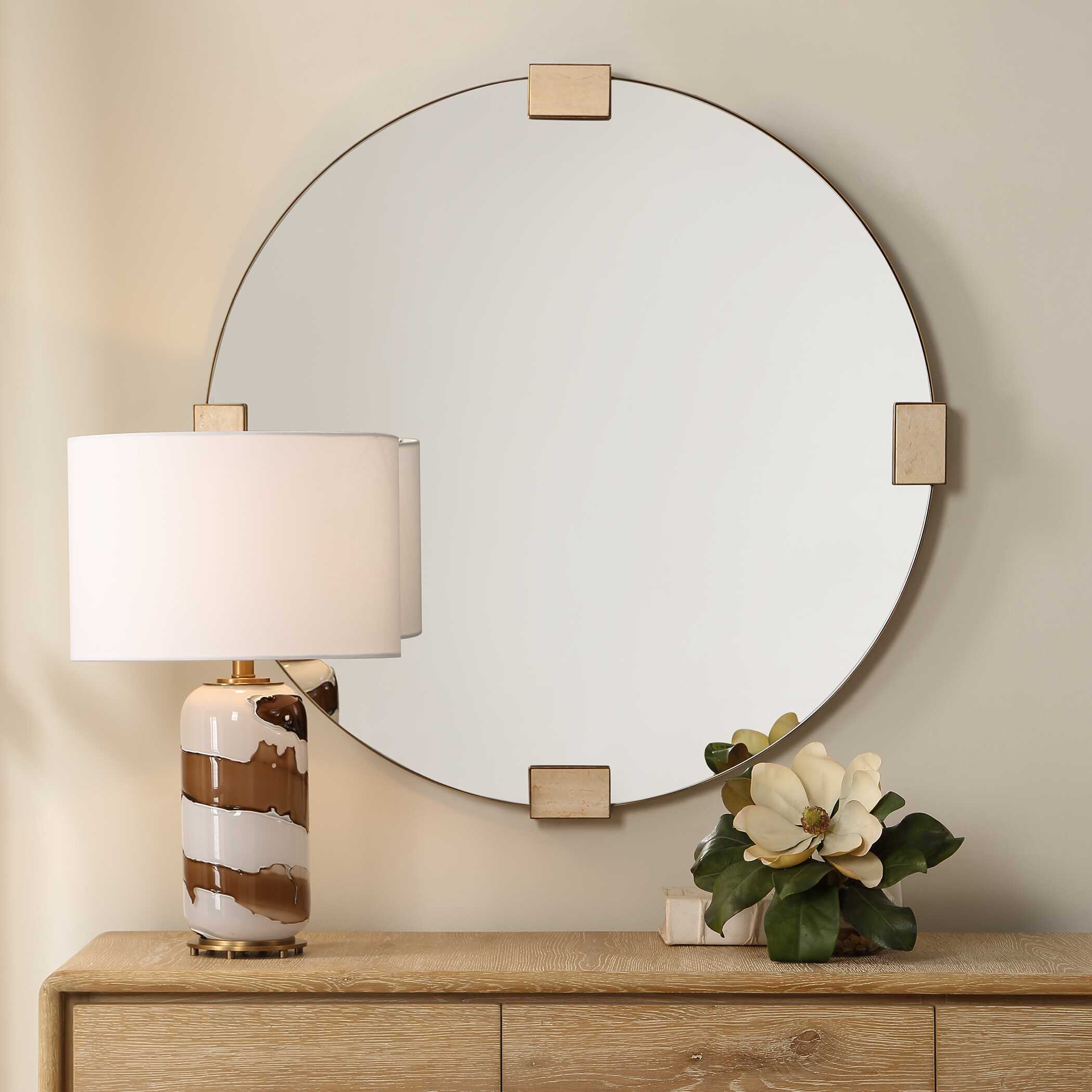 Russo Travertine Round Mirror, by Uttermost, 36.37" width x 36.37" height x 2.12" depth View 2