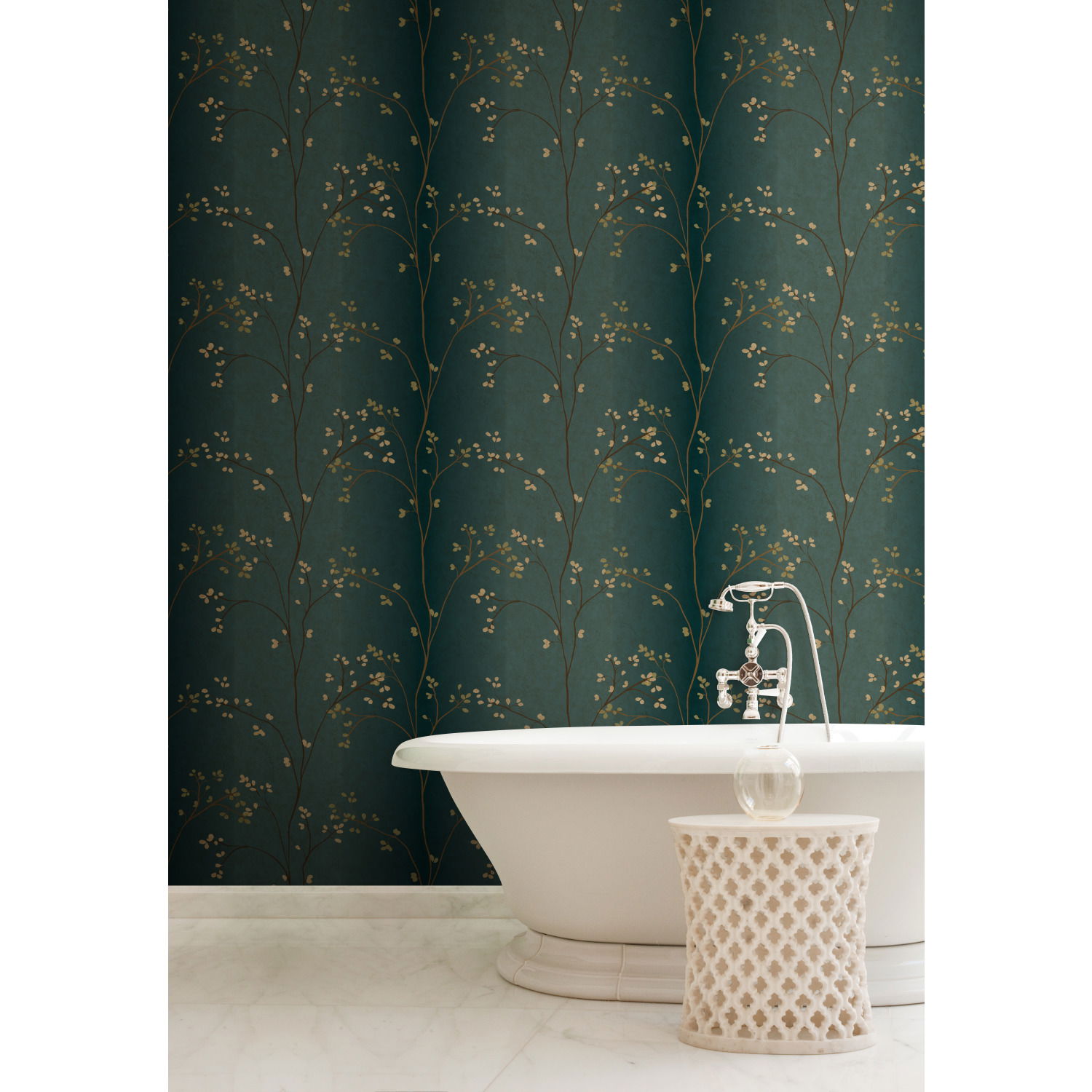 Vertical Blossoms Teal Metallic Wallpaper large image 