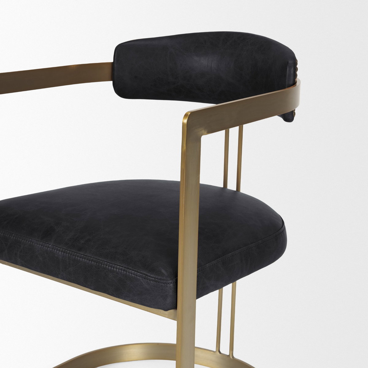 Hollyfield Curved Back Dining Side Chair | Black Leather with Gold Iron, Dining Chair by Mercana, 20.5" length x 21.5" width x 29.5" height View 11