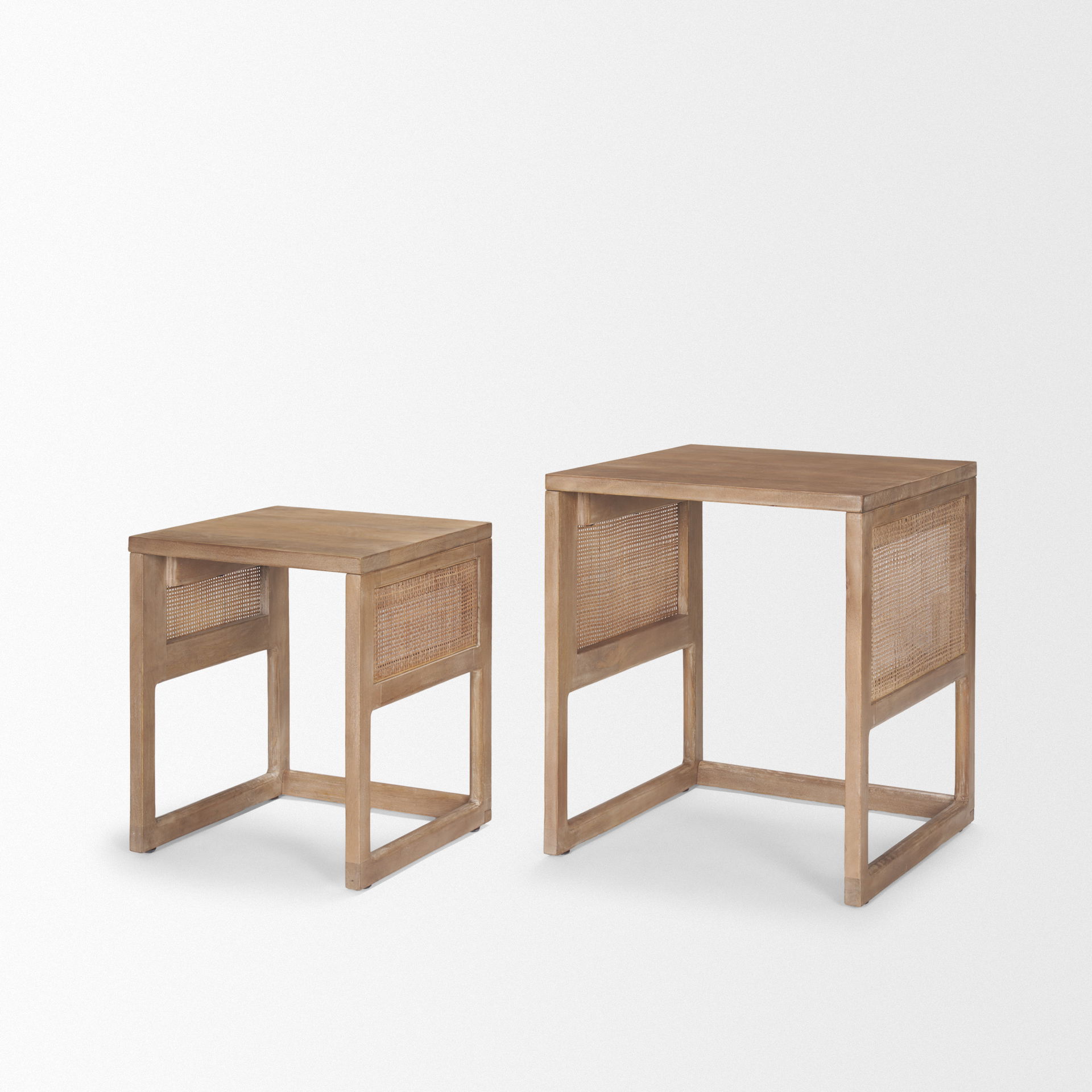 Grier Set of 2 Light Brown Solid Wood with Cane Nesting Accent Tables large image 