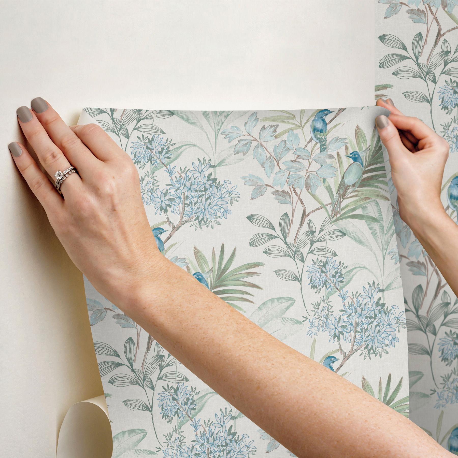 Handpainted Songbird Turquiose Peel & Stick Wallpaper large image 