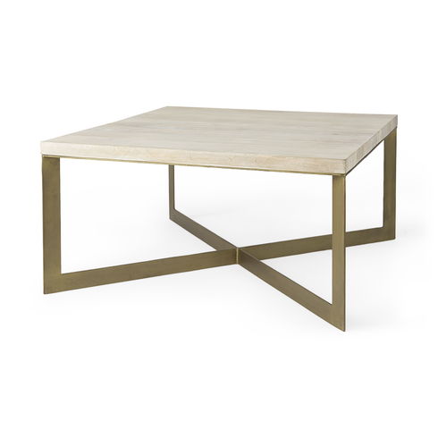 Faye 34L x 34W x 17H Beige Finished Wood with Gold Metal Base Square Coffee Table