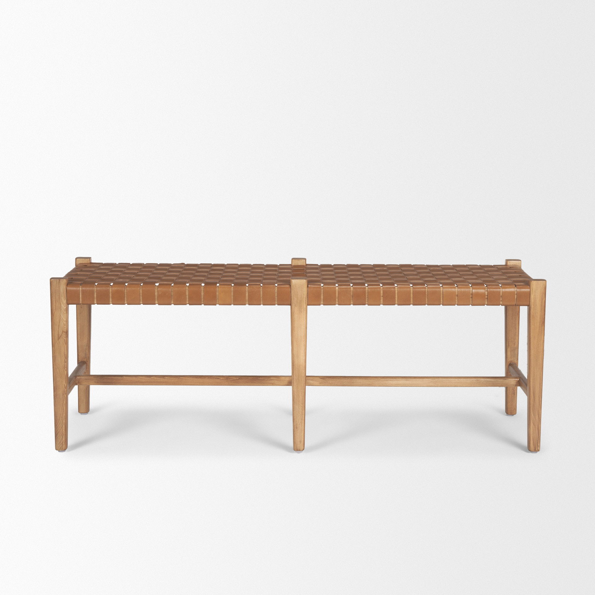 Shane Brown Wood with Woven Brown Leather Bench, Benche by Mercana, 52" length x 16.5" width x 18.75" height View 5