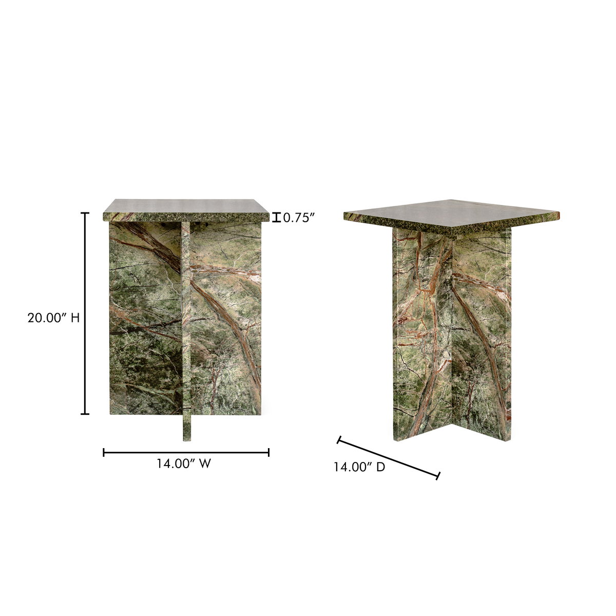 Blair Accent Table Rainforest Green Marble, Side & End Table by Moe's Home, 14" width x 20" height x 14" depth View 9