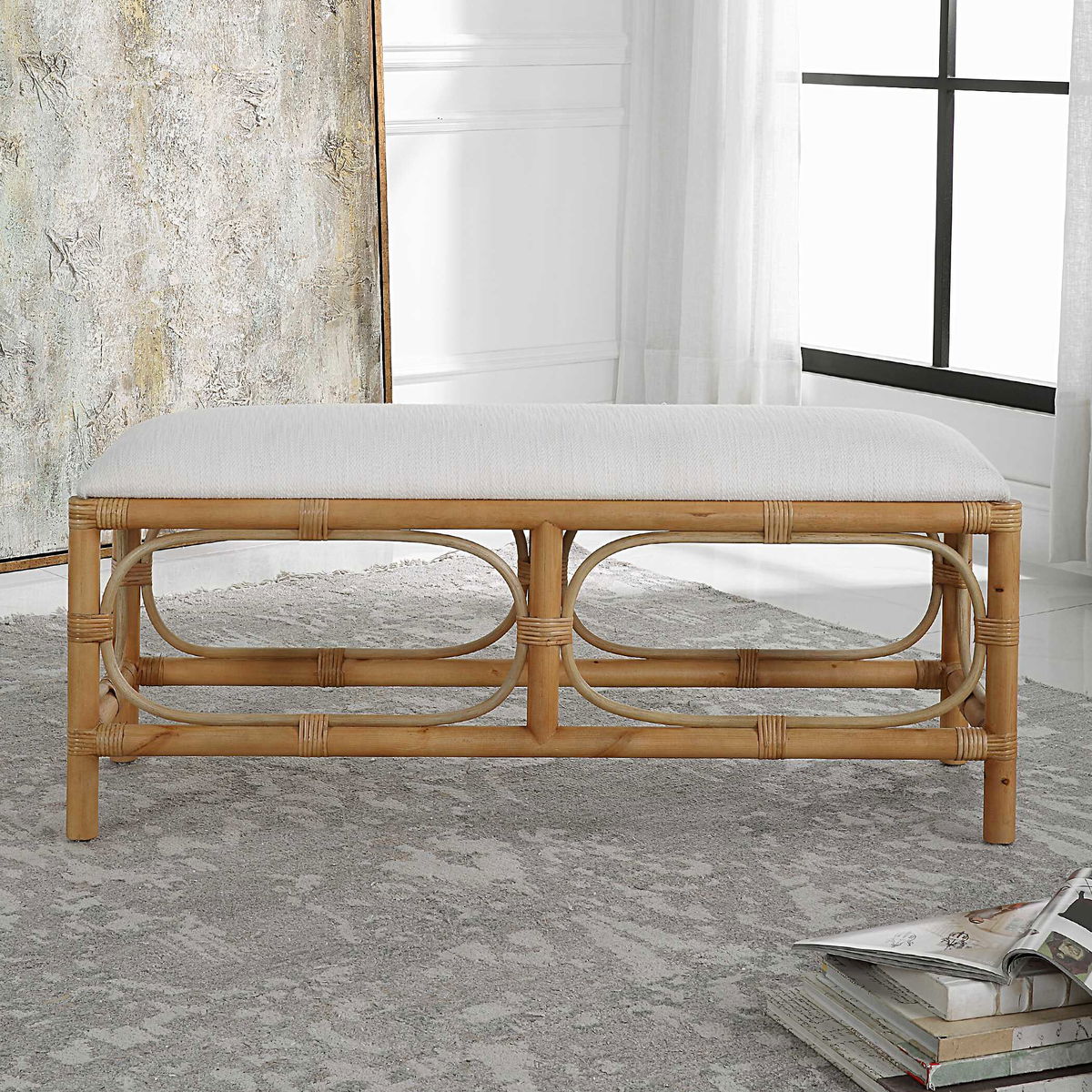 Laguna White Fabric Rattan Bench, Benche by Uttermost, 48" width x 20.5" height x 16" depth View 4