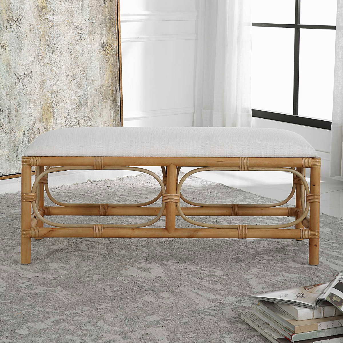 Laguna White Fabric Rattan Bench, Benche by Uttermost, 48" width x 20.5" height x 16" depth View 4
