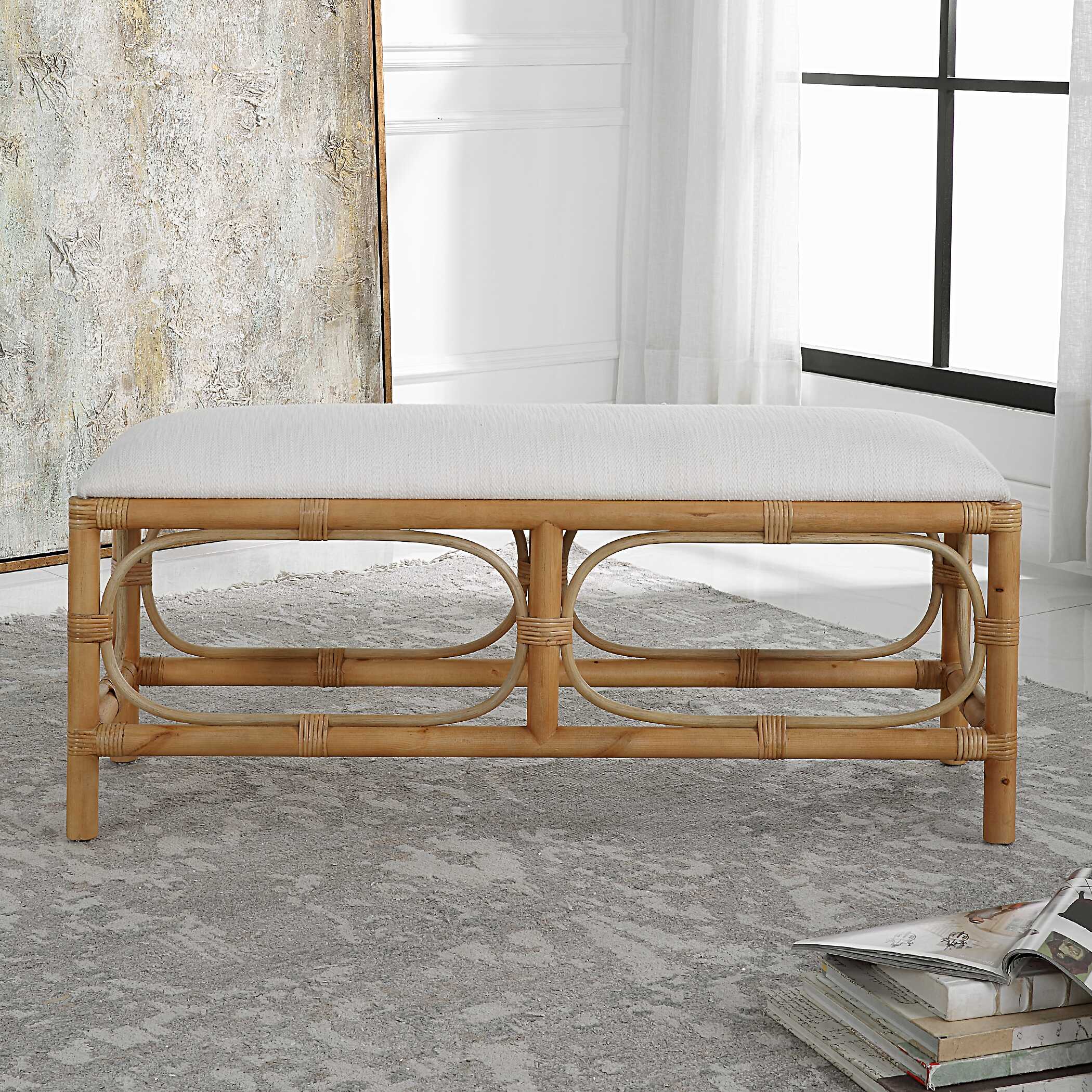 Laguna White Fabric Rattan Bench, Furniture by Uttermost, 48" width x 20.5" height x 16" depth View 4
