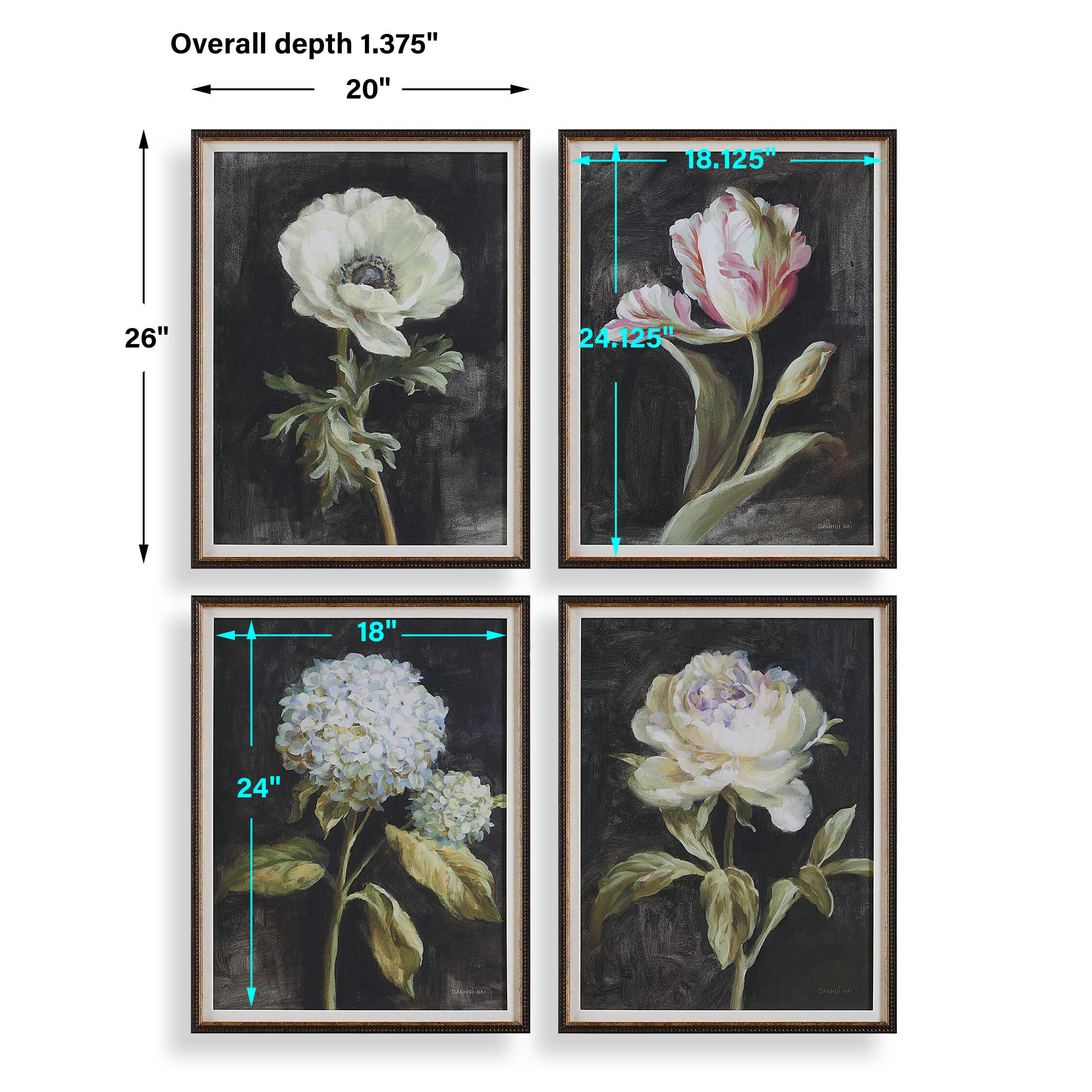 Florals On Black Framed Prints Set/4, Painting by Uttermost, 20" width x 26" height x 1.37" depth View 3