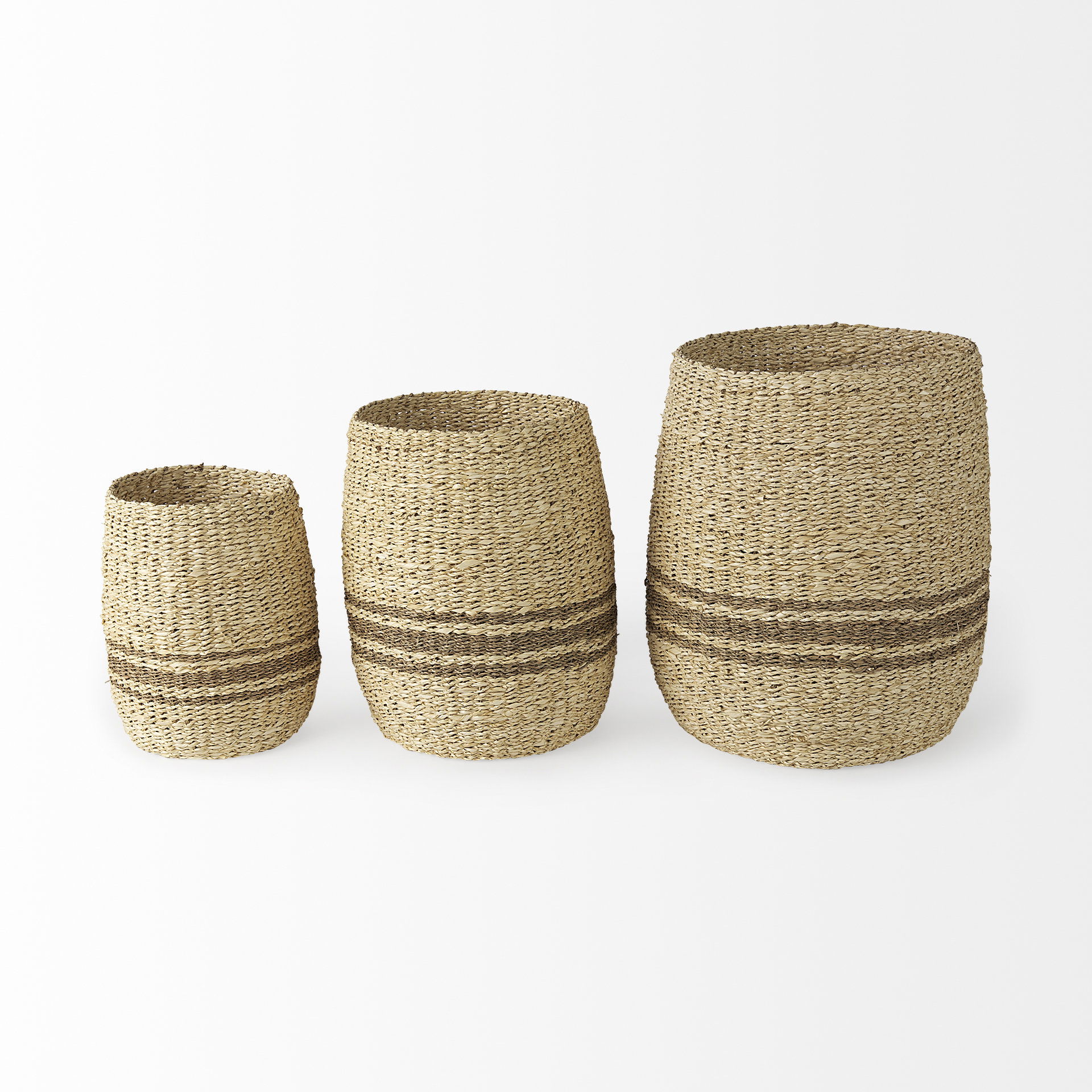 Sivannah  (Set of 3) Light Brown and Medium Brown Striped Seagrass Round Basket, Bins & Basket by Mercana, 19.69" length x 19.69" width x 23.62" height View 3