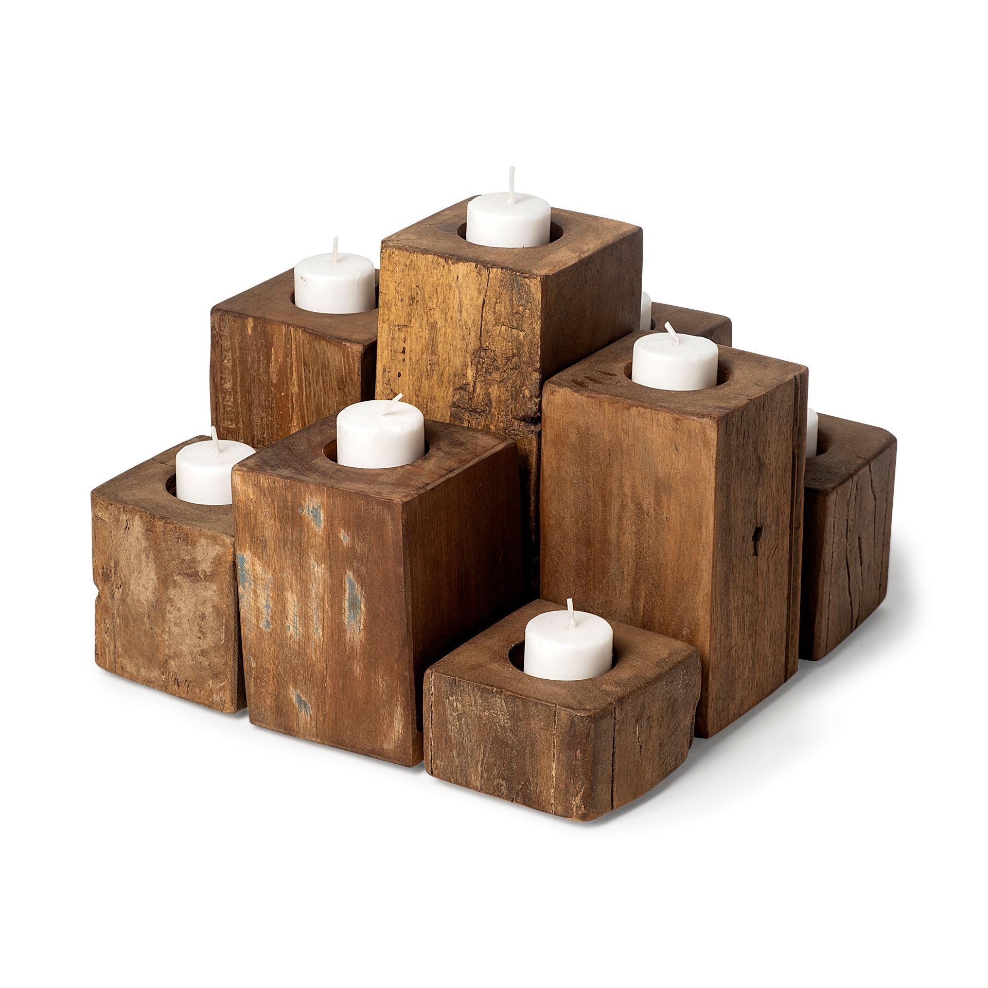 Cassius Light Brown Nine Wood Block Table Candle Holder, Candles & Candle Holder by Mercana, 11" length x 11" width x 8" height View 1