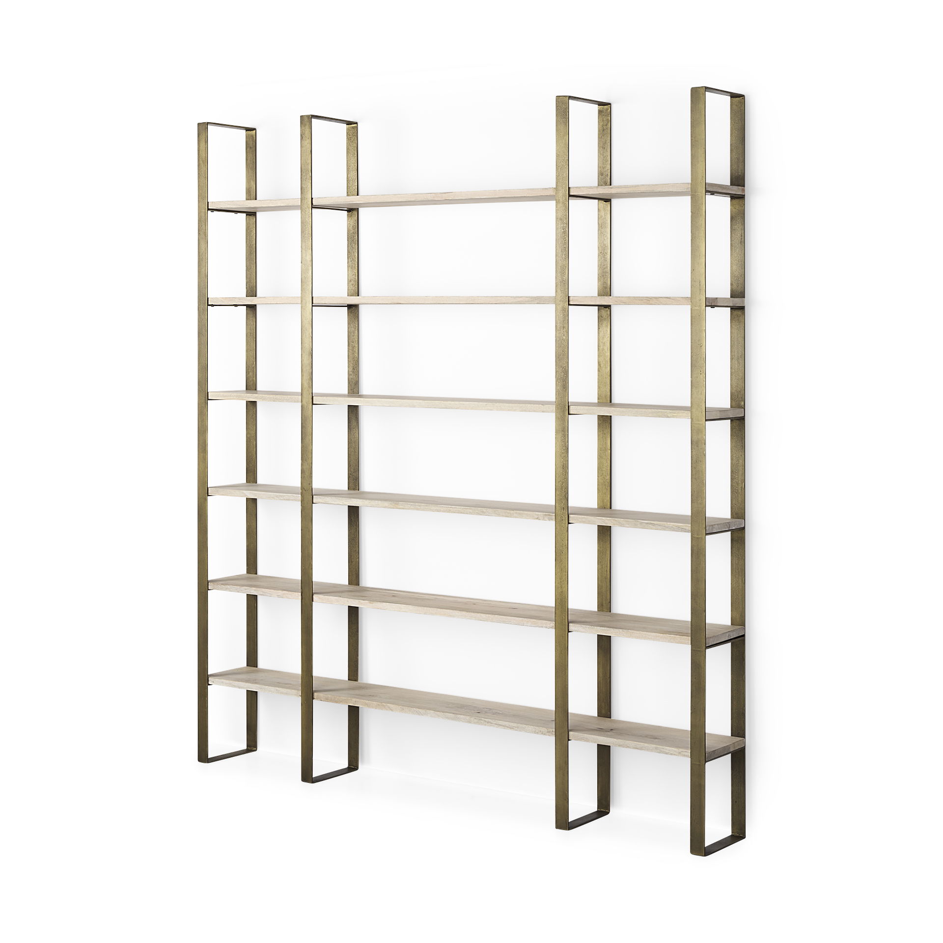 Taunton 80L x 10.5W x 90H Light Brown Wood with Gold Metal Frame 6 Tier Shelving Unit, Shelving & Bookcase by Mercana, 80" length x 10.5" width x 90" height View 1