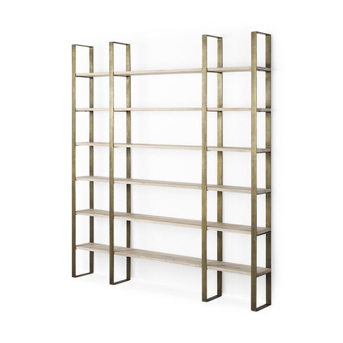 Taunton 80L x 10.5W x 90H Light Brown Wood with Gold Metal Frame 6 Tier Shelving Unit