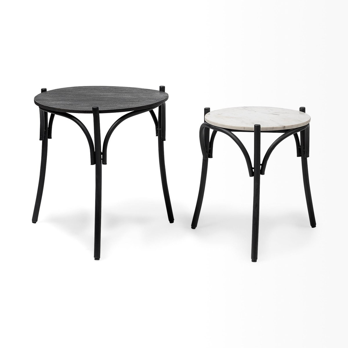 Etienne VII 24' Set of Two Round Top Black Wood and Marble Top Nesting Table, Side & End Table by Mercana, 23" length x 23" width x 24.25" height View 5