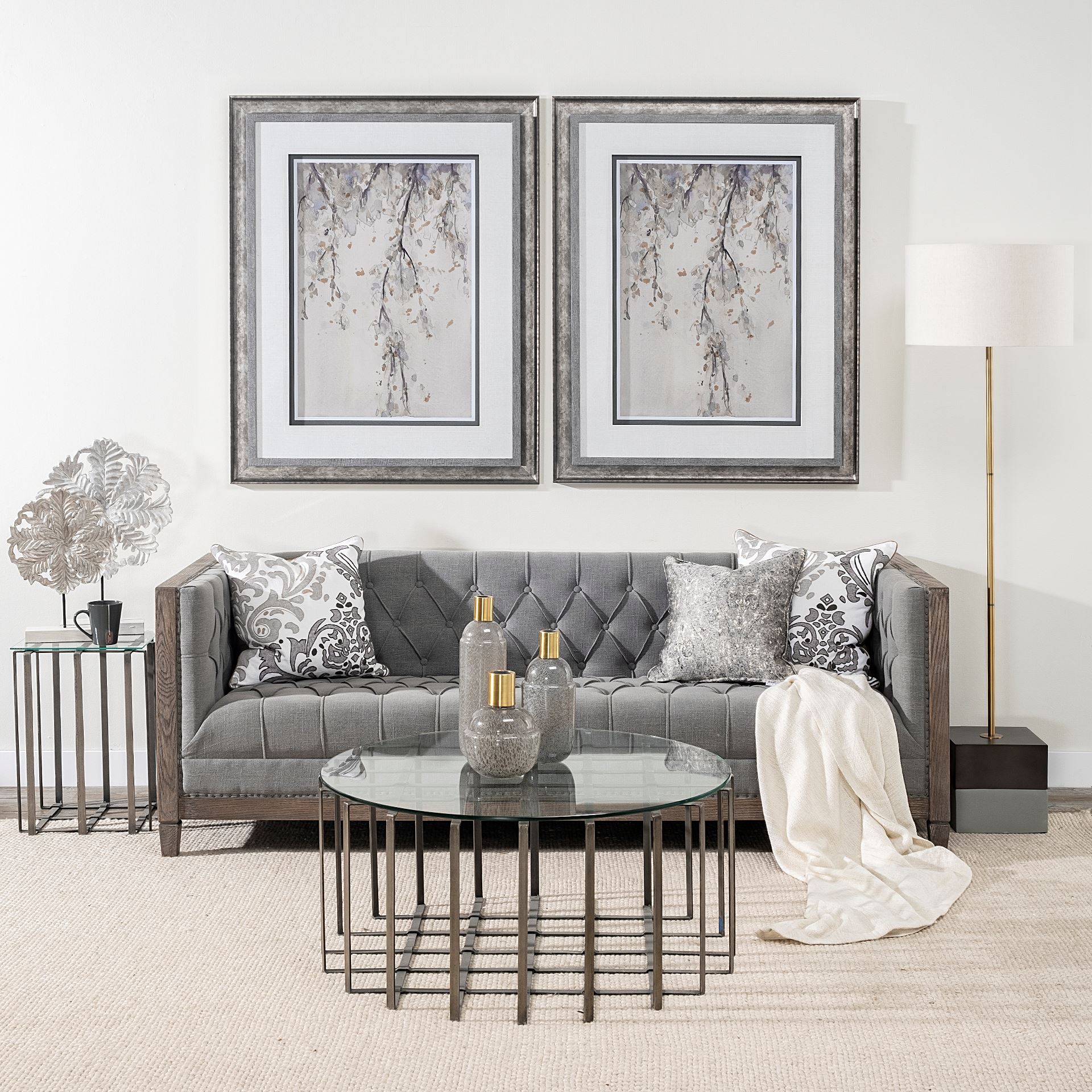 Kamara I (Small) 12L x 4W White Washed Wood with Antiqued Silver Botanical Decorative Object, by Mercana, 12.6" length x 3.54" width x 17.32" height View 2