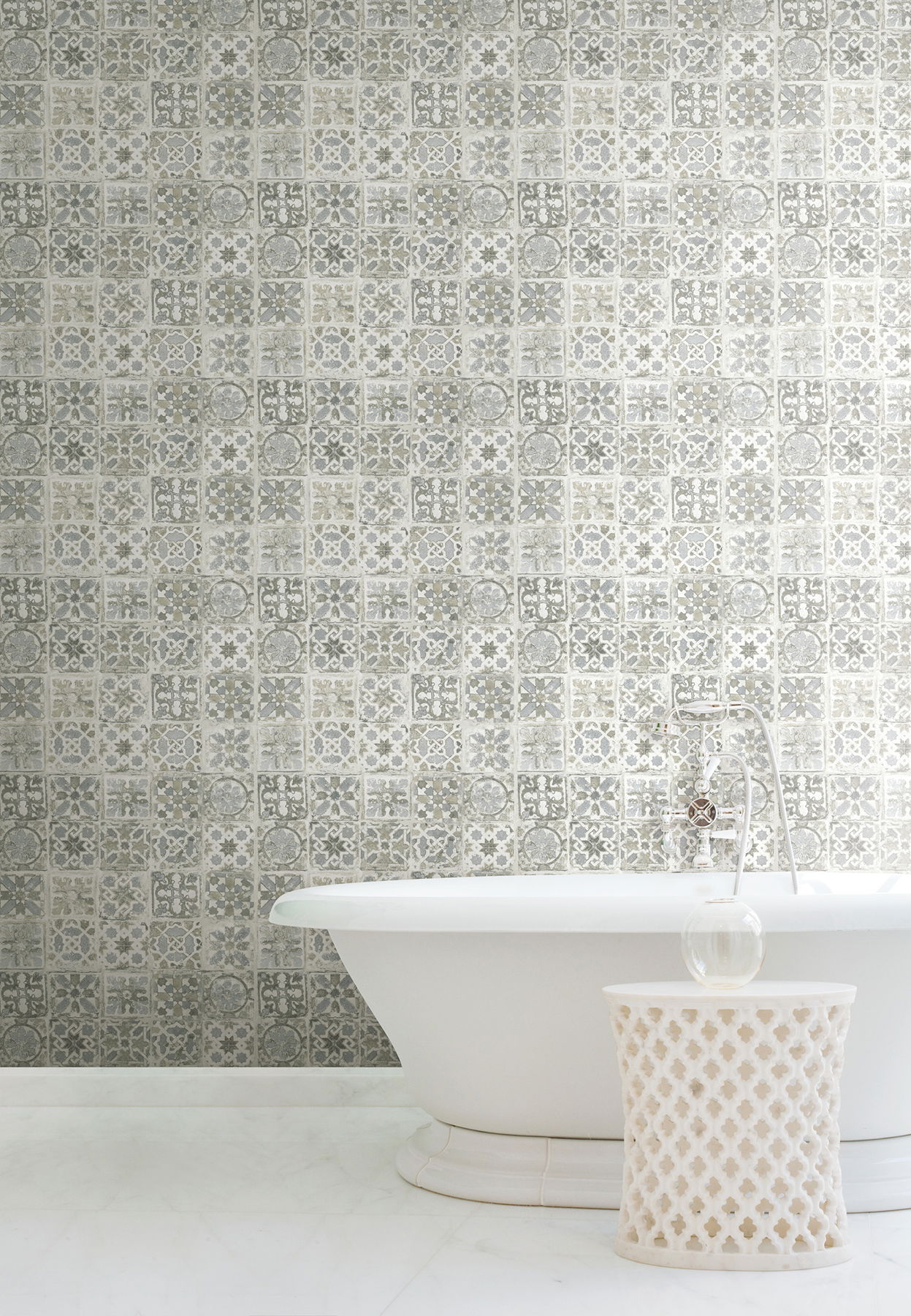 Ecaustic Tile Grey Peel & Stick Wallpaper large image 