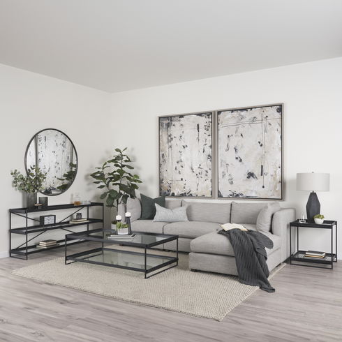 Trey 56"L x 32"W x 17"H Black Metal with Glass Coffee Table