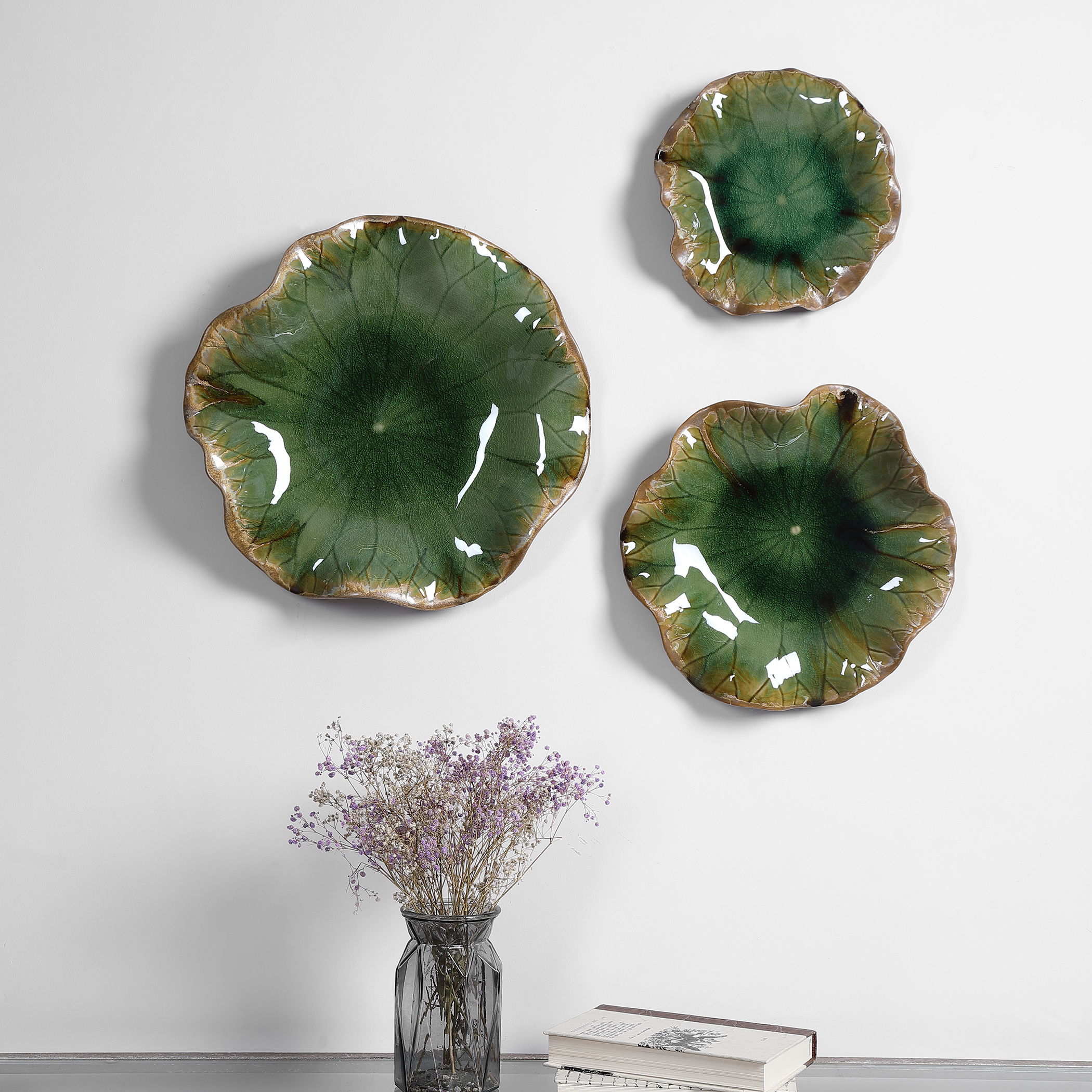 Abella Green Ceramic Wall Decor Set/3, Sculptural Wall Art by Uttermost, 17.87" width x 17.87" height x 3.87" depth View 2