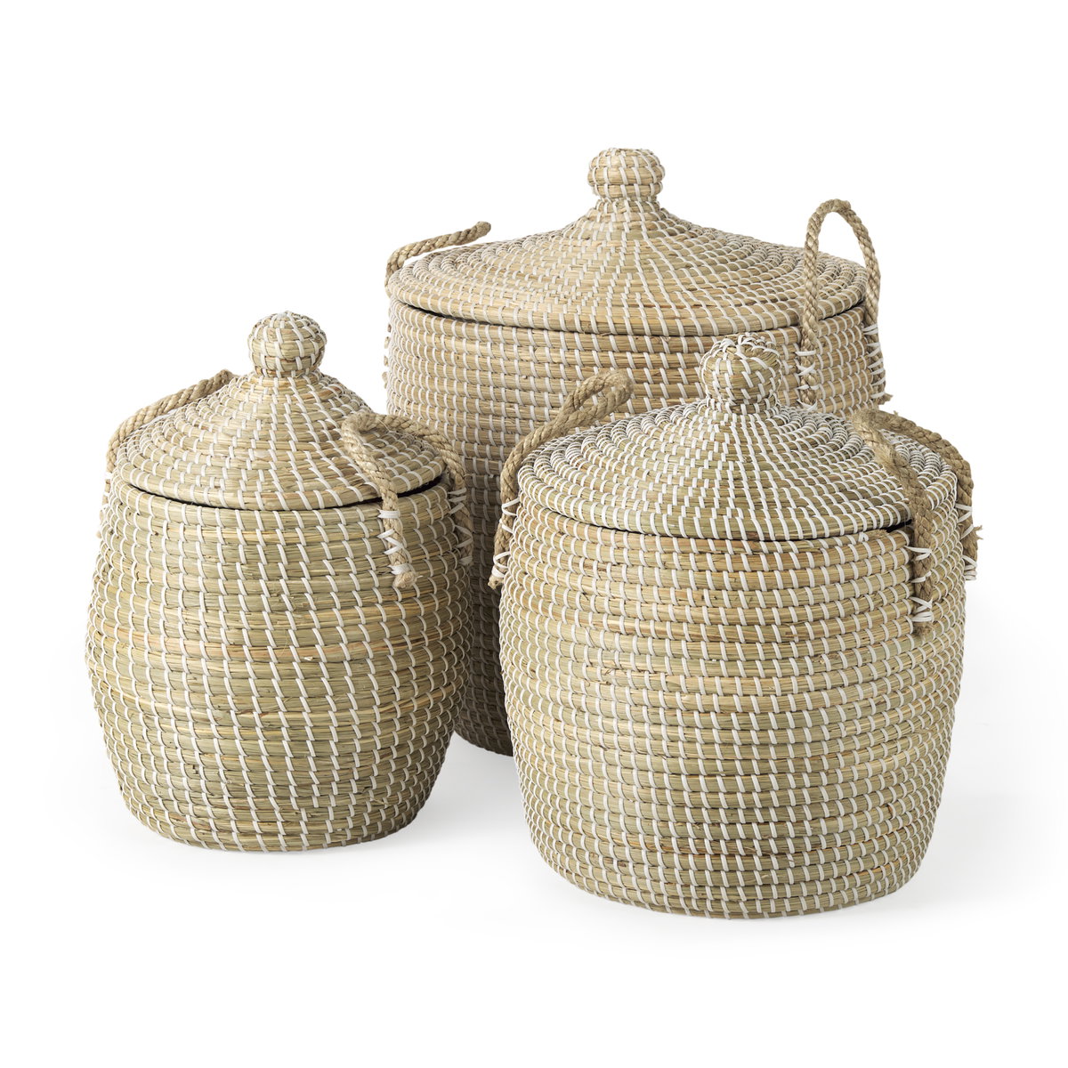 Olivia 15.7L x 15.7W x 17.3H Set of 3 Beige Seagrass Basket with Lid and Handles, Bins & Basket by Mercana, 18.5" length x 13.39" width x 14.57" height View 1
