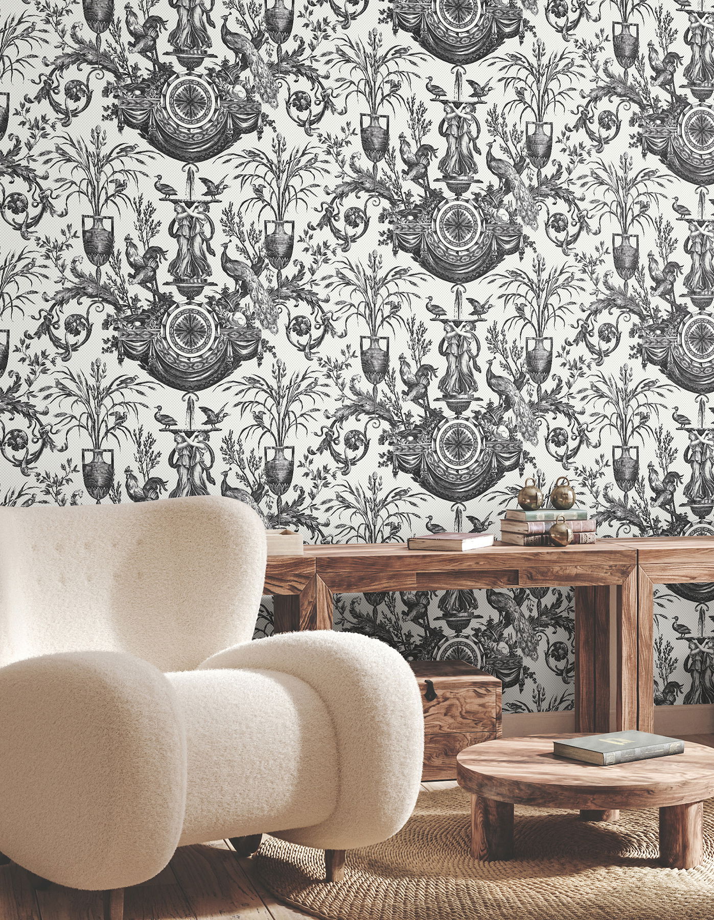 Avian Fountain Toile Black Wallpaper large image 