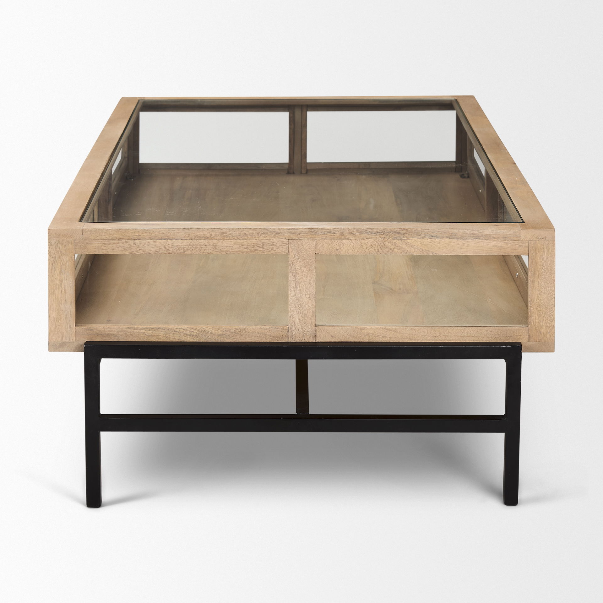 Arelius 42'L Rectangular Light Brown Wood with Black Metal Base Display Coffee Table, by Mercana, 49.5" length x 29.5" width x 15" height View 3