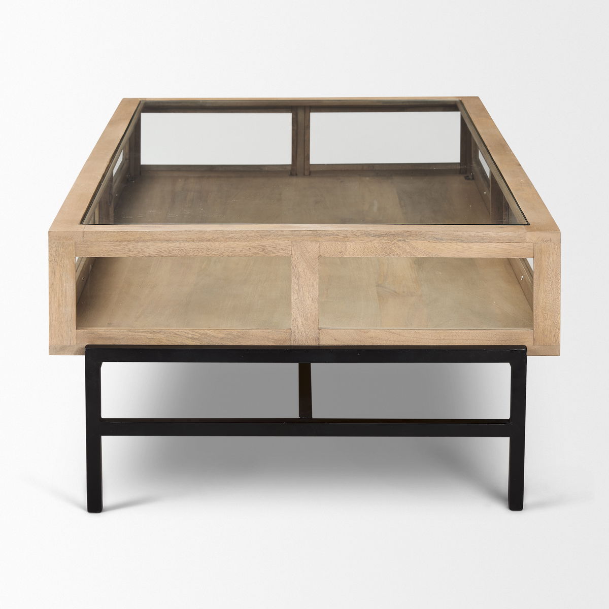 Arelius 49.5'L Rectangular Light Brown Wood with Black Metal Base Display Coffee Table, by Mercana, 49.5" length x 29.5" width x 15" height View 3