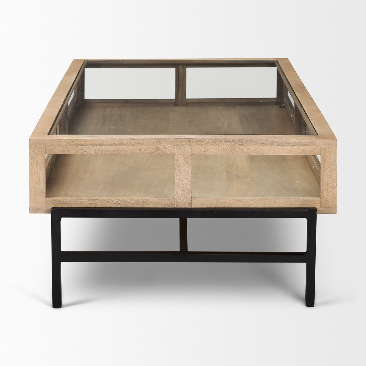 Arelius 49.5'L Rectangular Light Brown Wood with Black Metal Base Display Coffee Table, by Mercana, 49.5" length x 29.5" width x 15" height View 3