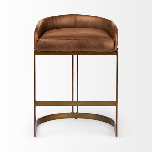 Hollyfield Cognac Brown Leather Seat Gold Metal Base Counter Stool
