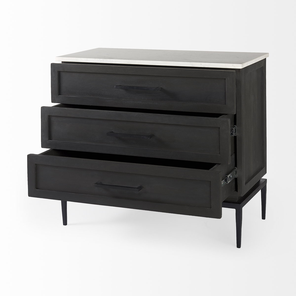 Divina Black-Brown Wood with White Marble Top and Black Metal Base Accent Cabinet, Cabinets & Chest by Mercana, 36" length x 18.5" width x 32" height View 8