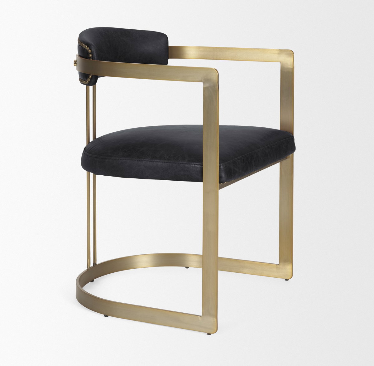 Hollyfield Curved Back Dining Side Chair | Black Leather with Gold Iron, Dining Chair by Mercana, 20.5" length x 21.5" width x 29.5" height View 9