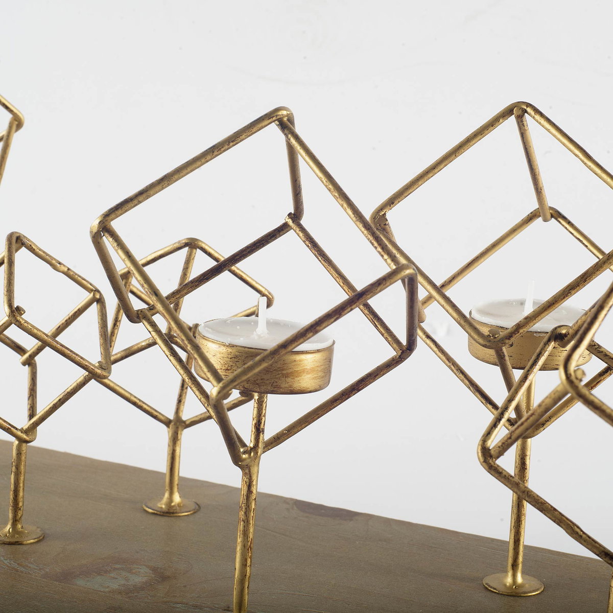 Salvador II Wood Base Brass Cube Tea Light Table Candle Holder, Candles & Candle Holder by Mercana, 22.05" length x 7.28" width x 8" height View 3