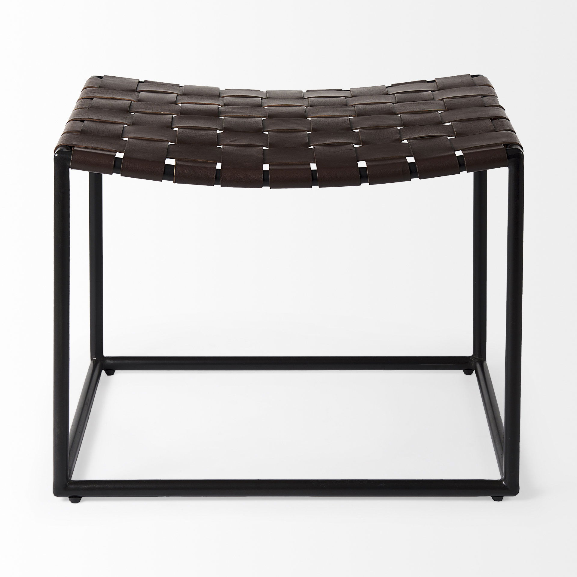 Clarissa  Brown Leather Woven Seat with Black Metal Frame Stool, Benche by Mercana, 22" length x 16" width x 16.5" height View 4