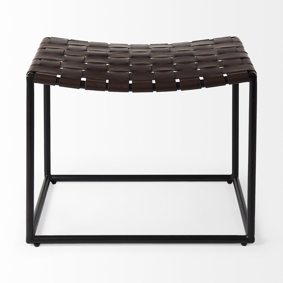 Clarissa  Brown Leather Woven Seat with Black Metal Frame Stool, Benche by Mercana, 22" length x 16" width x 16.5" height View 4