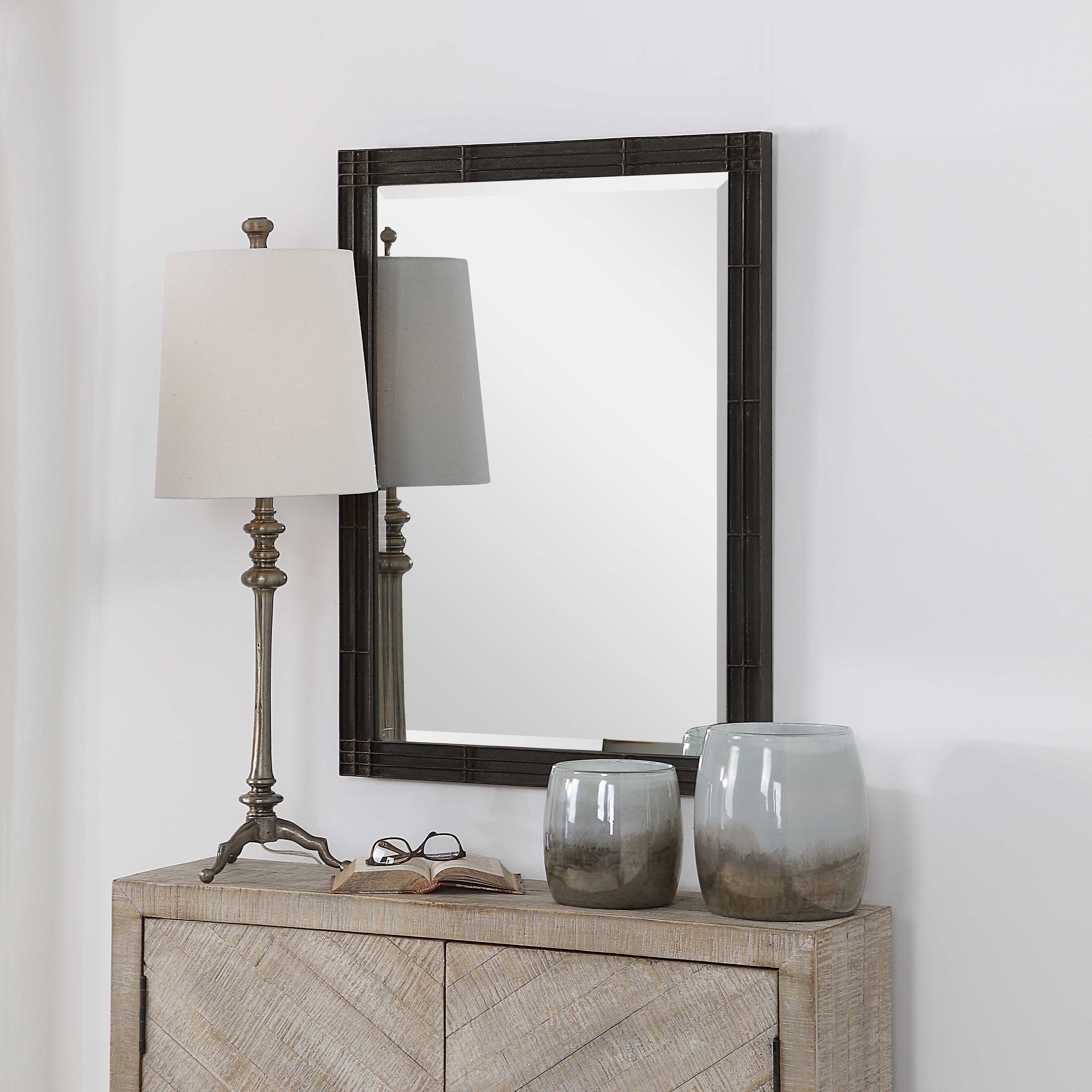 Gower Aged Black Vanity Mirror, by Uttermost, 25.25" width x 34.62" height x 1.5" depth View 5