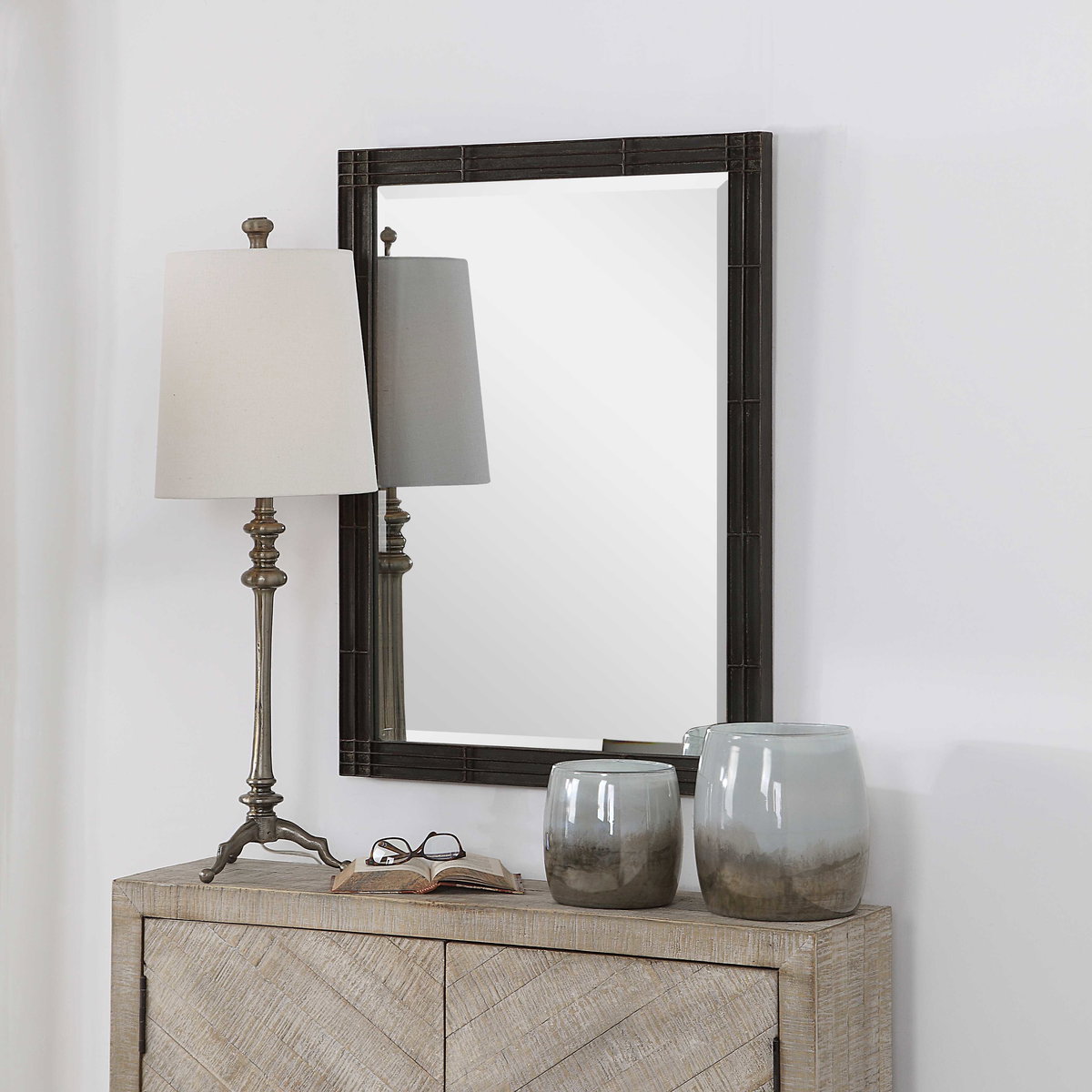 Gower Aged Black Vanity Mirror, by Uttermost, 25.25" width x 34.62" height x 1.5" depth View 5