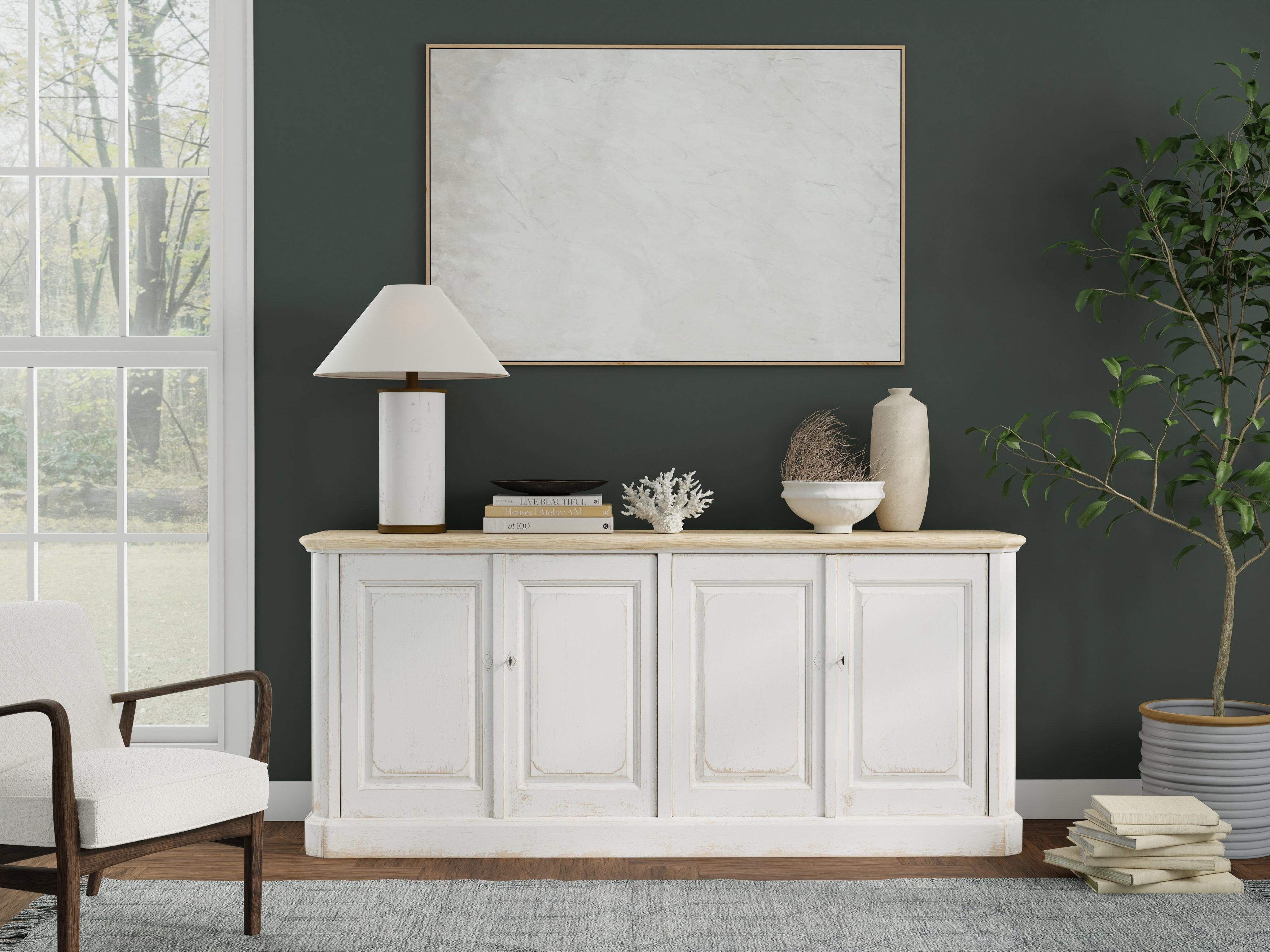 Antique Whitewash Sideboard, 4 Door, Cabinets & Sideboard by Sarreid, 83" length x 20" width x 36" height View 14