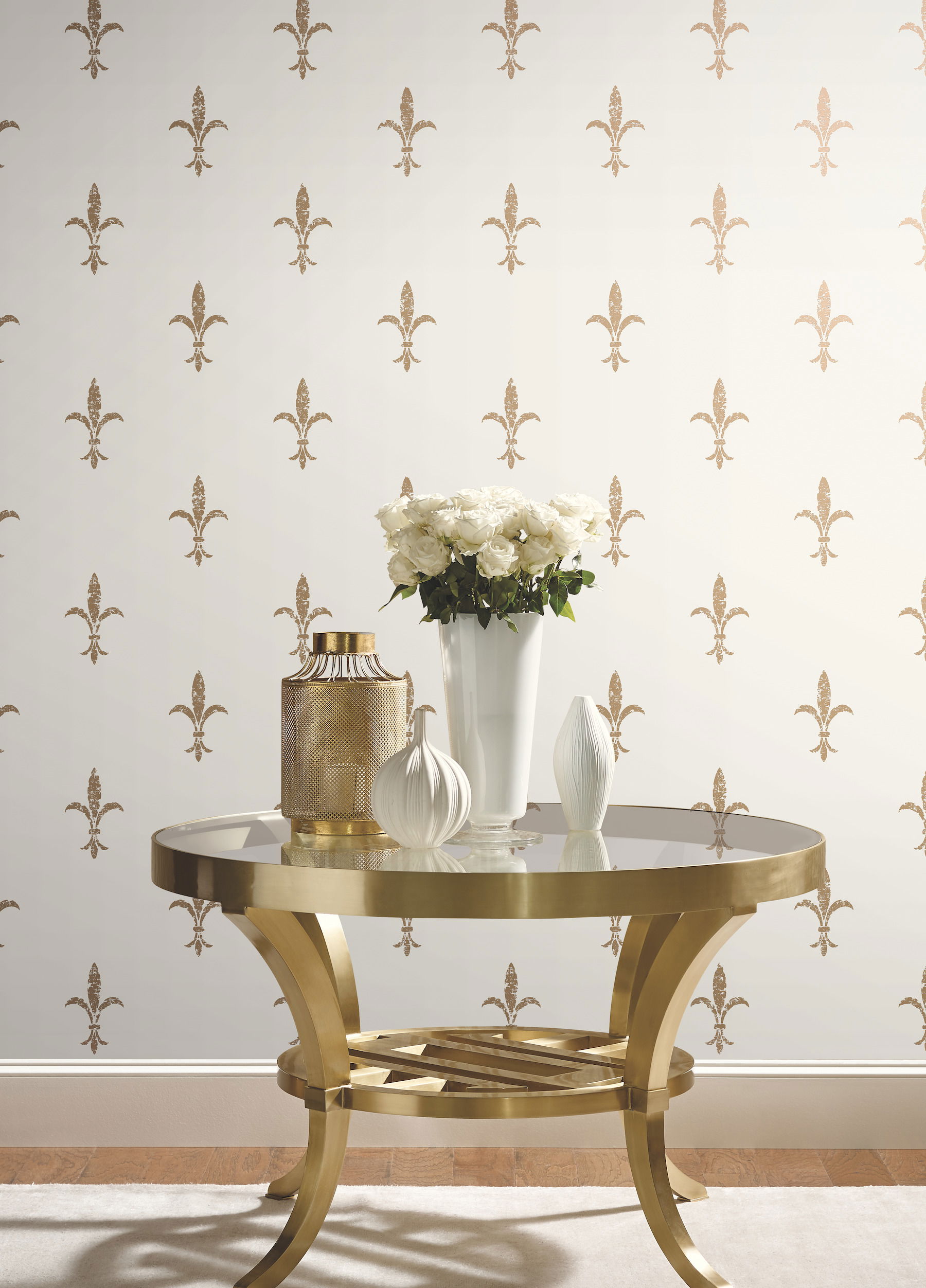 Fleur De Lis White & Gold Wallpaper, by York Wall, 27' length x 2'3" width x 0.02" depth View 2