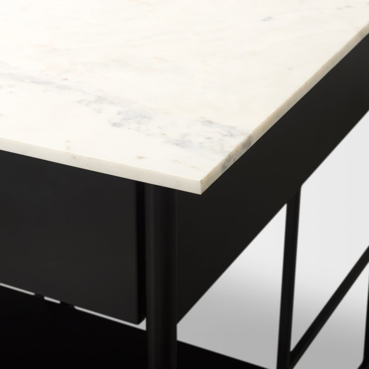 Amika White Marble Top Black Metal Base Kitchen Island, by Mercana, 62" length x 34" width x 36" height View 12