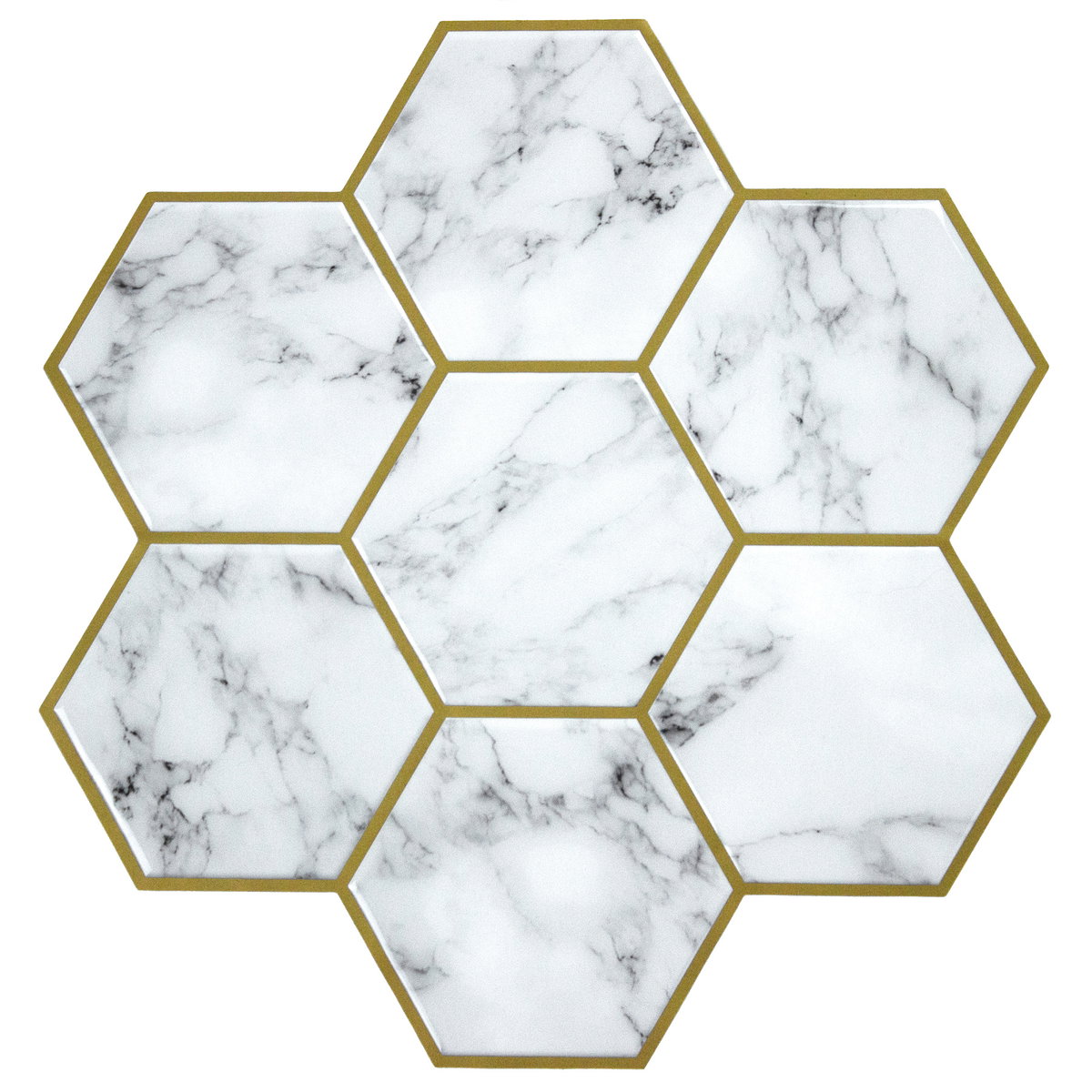 Cararra Marble & Gold Large Hexagon Sticktile, by York Wall, 10.8" length x 10.46" width x 0.02" depth