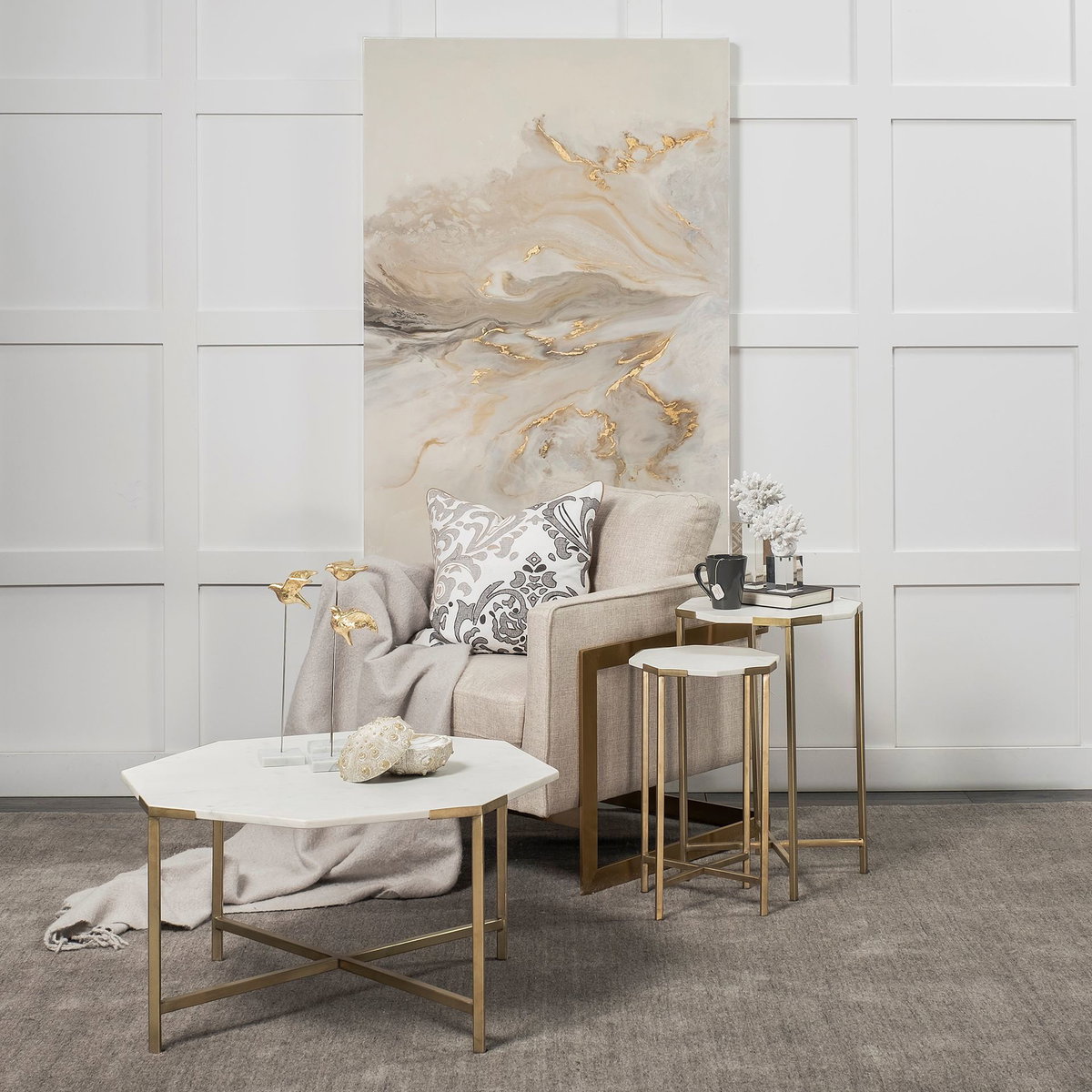Vincent 33' Octagonal White Marble Tabletop with Gold Metal Base Coffee Table, by Mercana, 32.75" length x 32.75" width x 17" height View 2