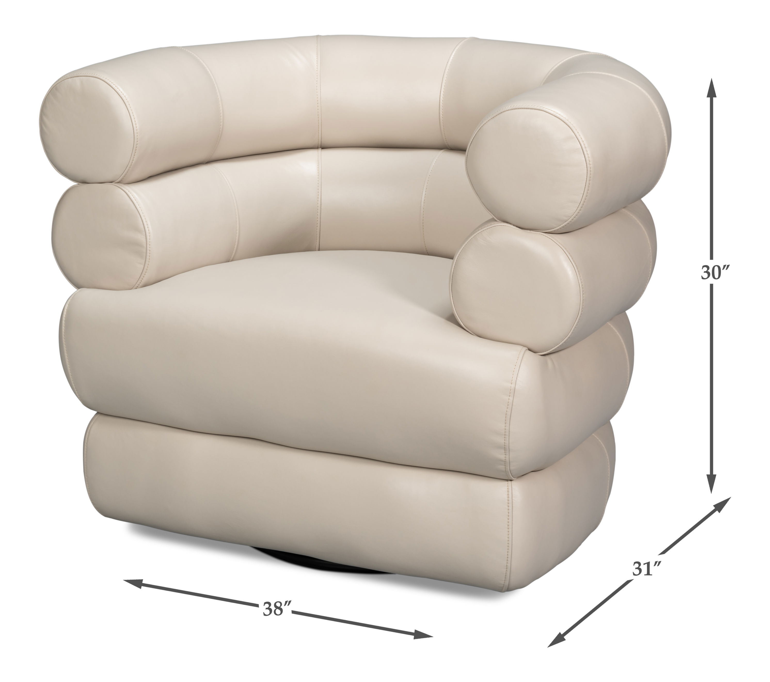 Rondo Leather Swivel Chair, White, Seating by Sarreid, 38" length x 31" width x 30" height View 15
