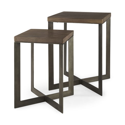 Faye (Set of 2) 19L x 19W x 26H Medium Brown Wood with Metal Base Accent Tables