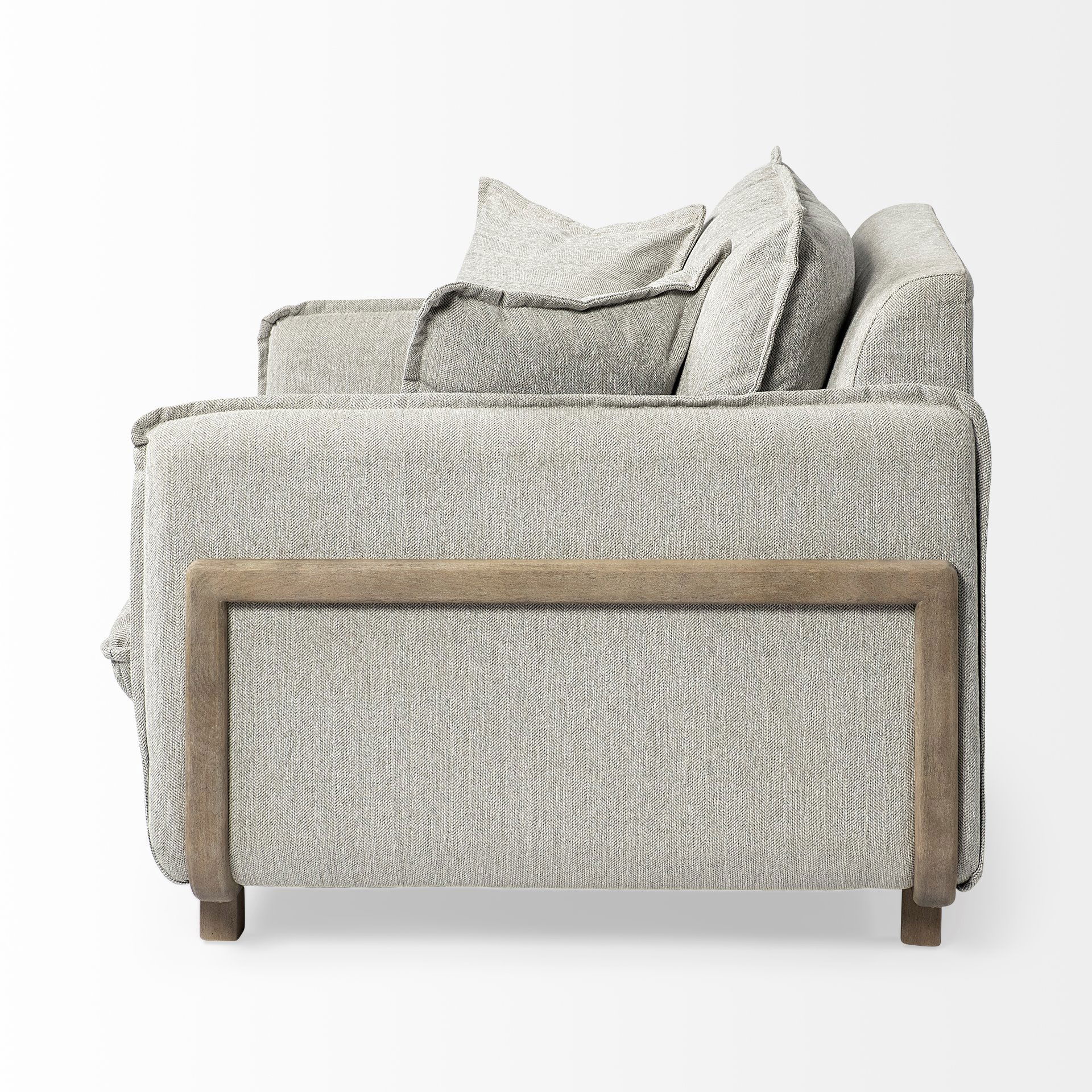 Roy II Frost Gray Upholstered and Brown Wood Frame Arm Chair, Accent Chair by Mercana, 43.31" length x 41.73" width x 33.07" height View 5