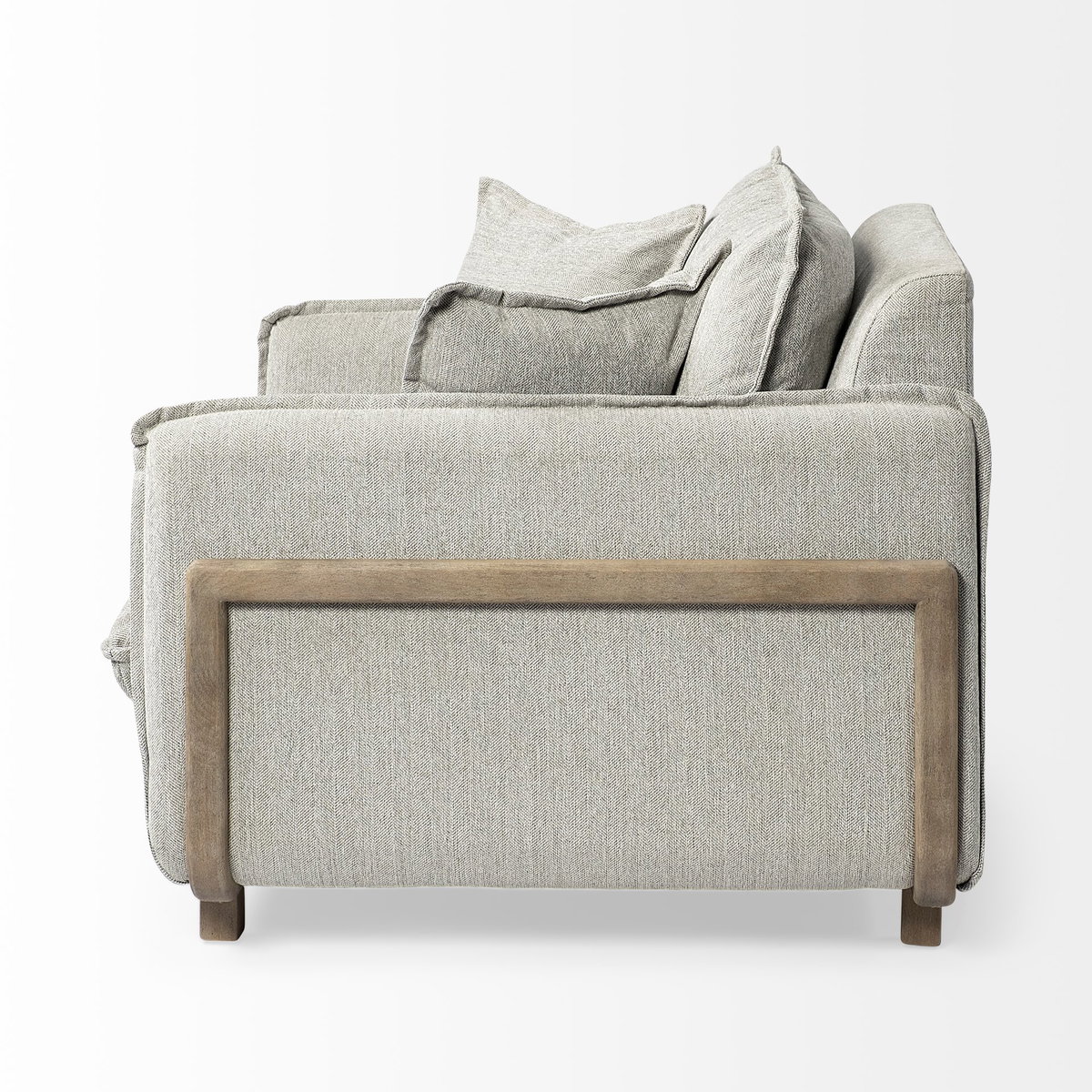 Roy II Frost Gray Upholstered and Brown Wood Frame Arm Chair, Accent Chair by Mercana, 43.31" length x 41.73" width x 33.07" height View 5