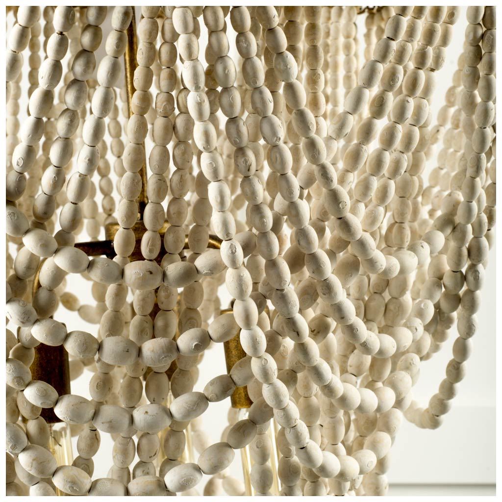 Pendra (26'x23') Gold Metal Whitewashed Wooden Bead Three Bulb Chandelier, by Mercana, 26" length x 26" width x 23" height View 2