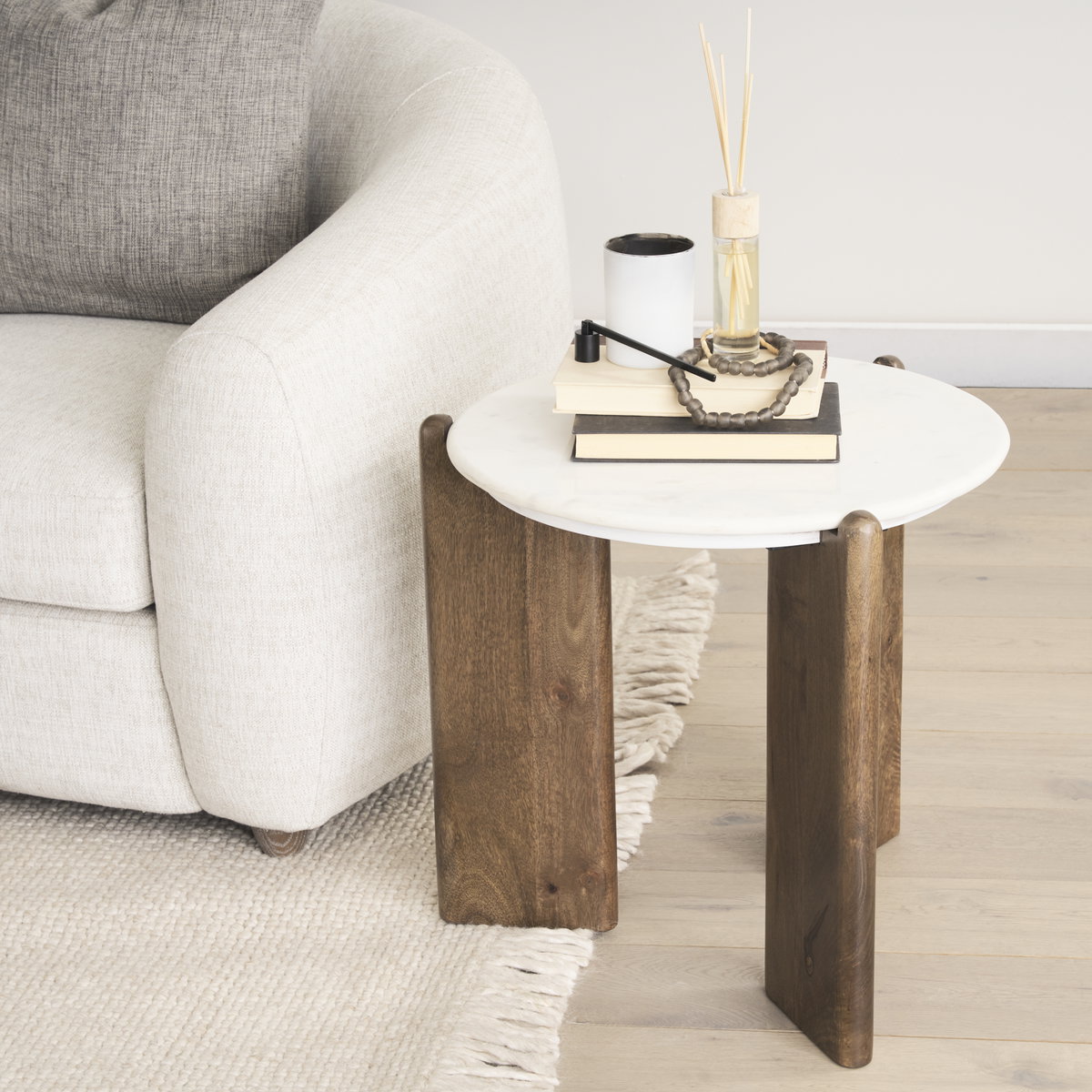Rumer Dark Brown Wood with White Marble Side Table, Side & End Table by Mercana, 21" length x 21" width x 20" height View 3