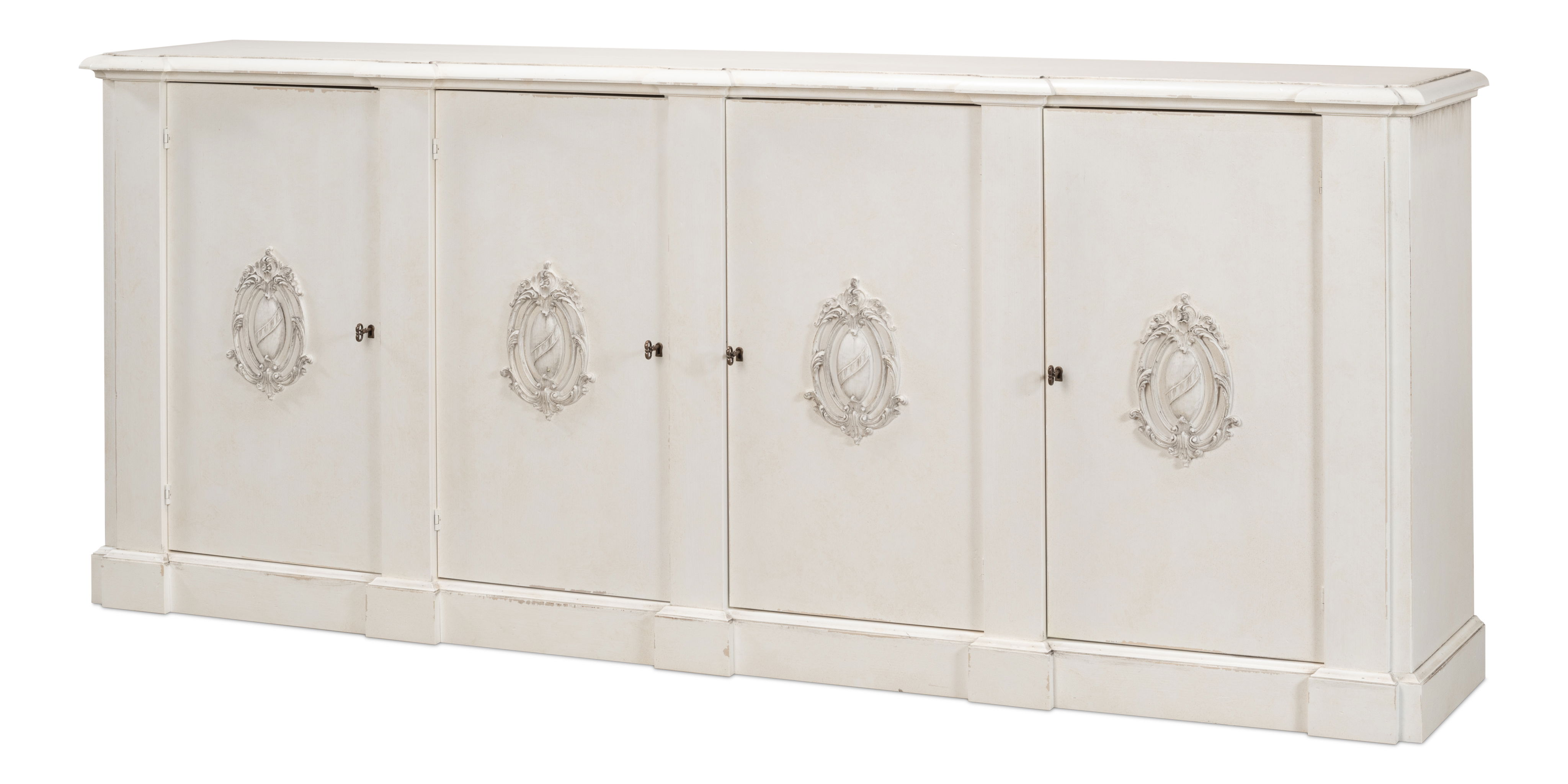 *Crested Wall Cabinet,White/White Finish, Cabinets & Sideboard by Sarreid, 96" length x 18" width x 39" height View 1