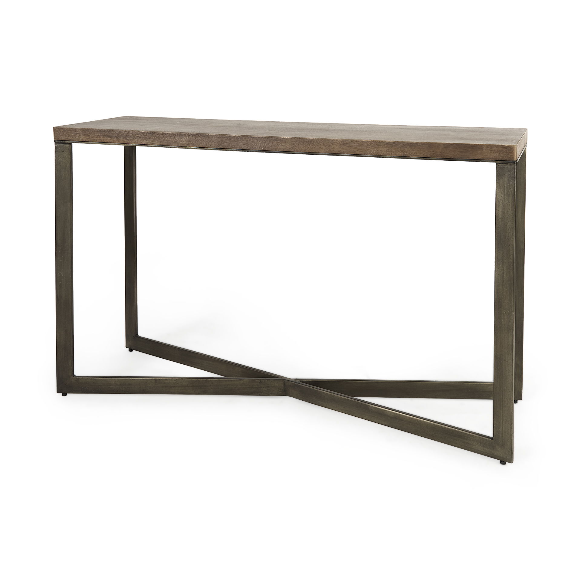 Faye 50L x 15W x 30H Medium Brown Wood with Antique Nickel Metal Base Console Table, by Mercana, 50" length x 15" width x 30" height View 1