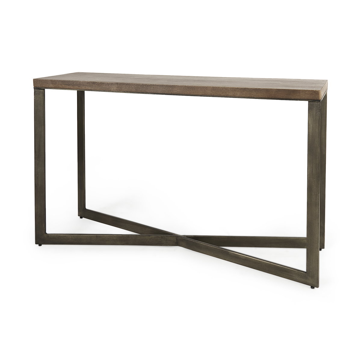 Faye 50L x 15W x 30H Medium Brown Wood with Antique Nickel Metal Base Console Table, by Mercana, 50" length x 15" width x 30" height View 1